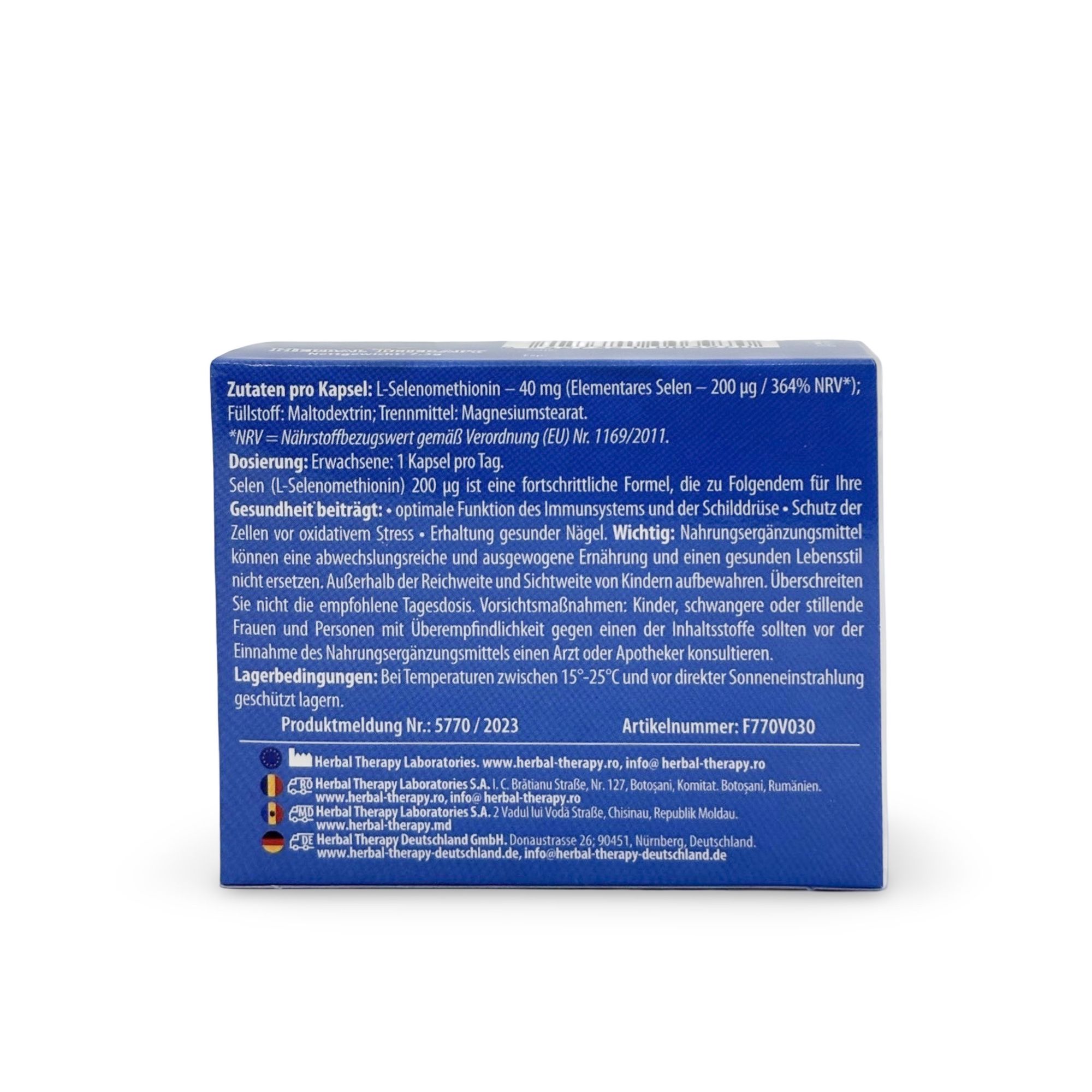 Retro scatola blu con testo. Contiene informazioni su ingredienti, dosaggio, precauzioni e condizioni di conservazione. Marchio: Herbal Therapy.