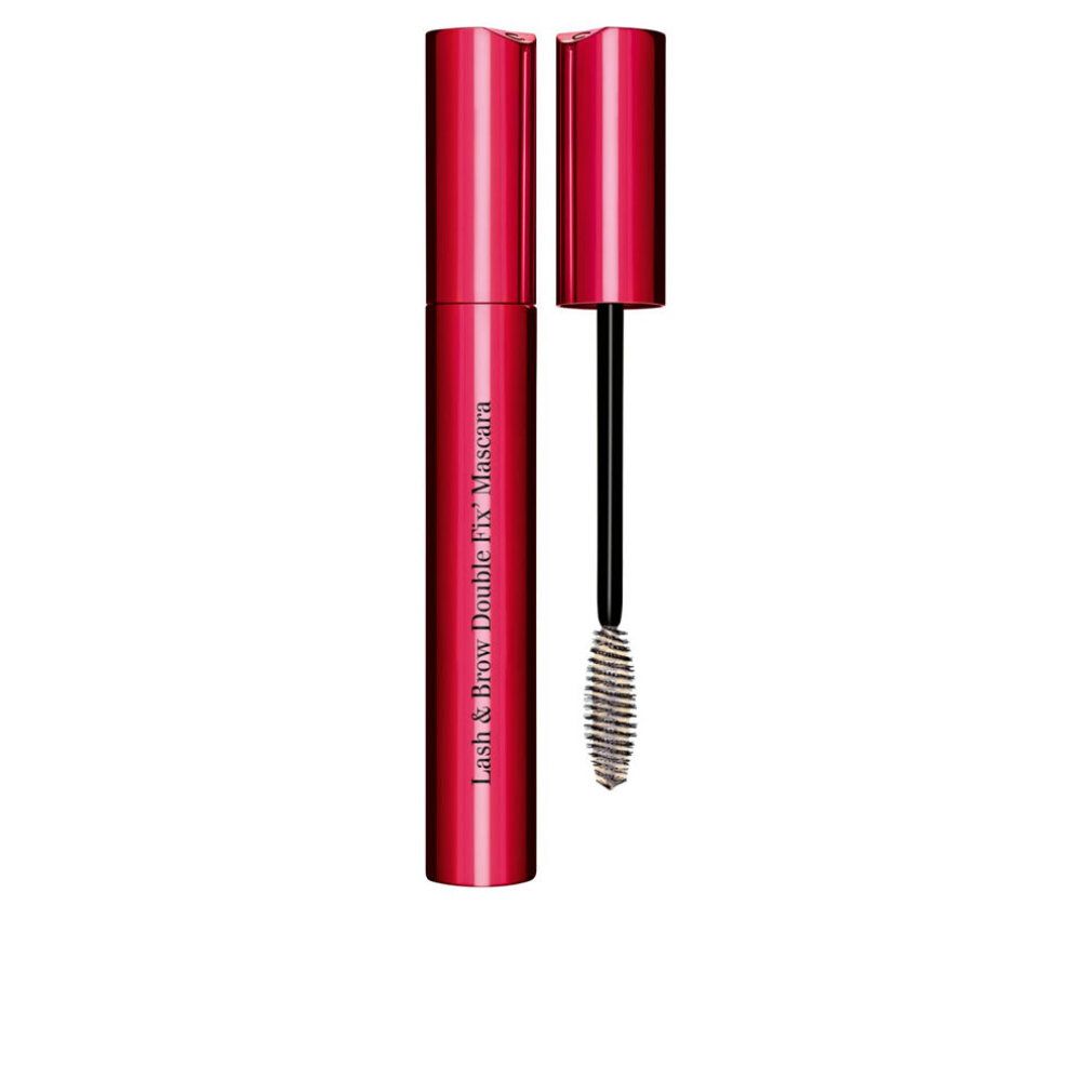 Tubo mascara rosso con spazzola nera. Scritta: Lash & Brow Double Fix' Mascara.