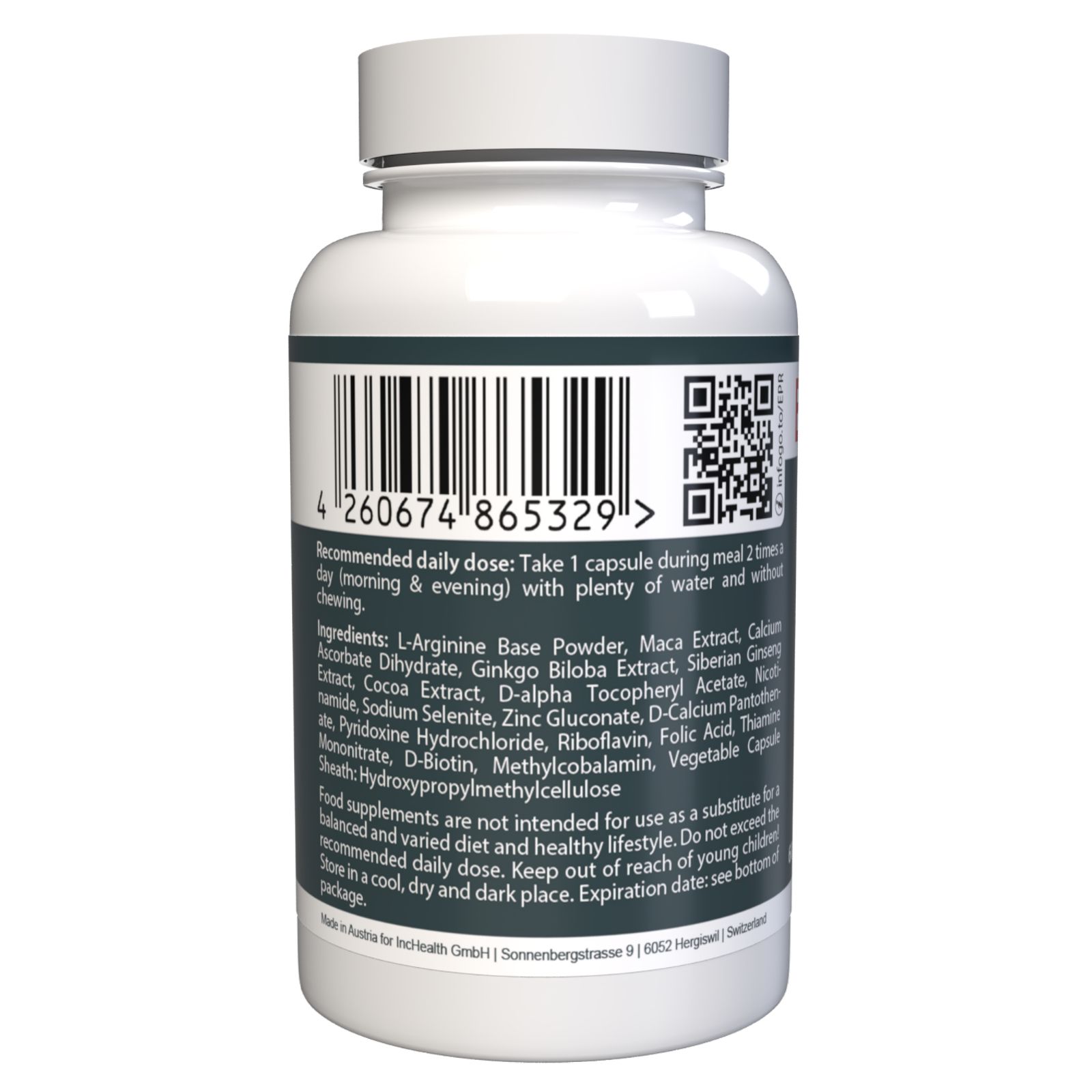 Retro del flacone bianco con codice a barre ed elenco degli ingredienti. Dose giornaliera raccomandata: 1 capsula due volte al giorno.