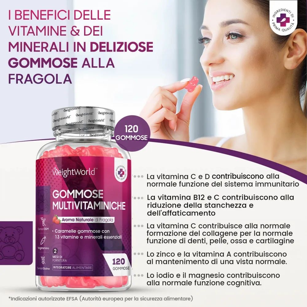 WeightWorld Gommose Multivitaminiche. 120 caramelle gommose. 13 vitamine e minerali. Gusto fragola. Vantaggi.