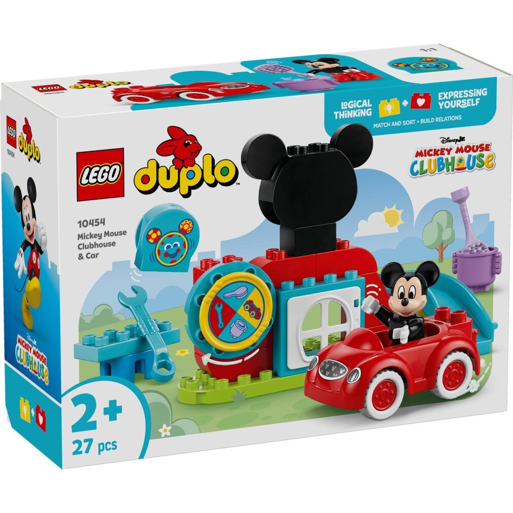 Confezione e set LEGO DUPLO. Edificio, auto, personaggio di Mickey Mouse. Include attrezzi e accessori. Testo: LEGO DUPLO.