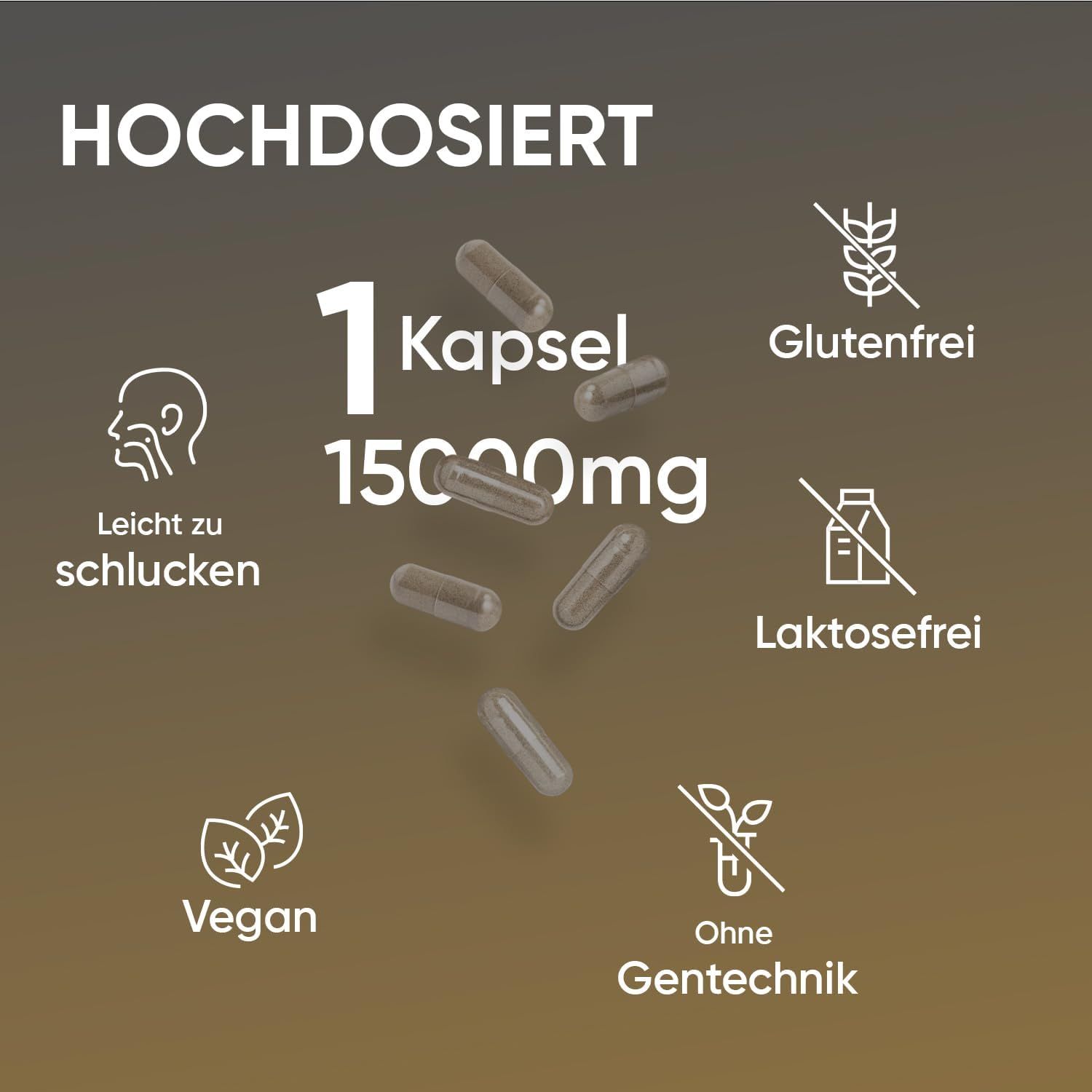Primo piano di capsule con testo: 1 capsula, 15000mg. Simboli: senza glutine, senza lattosio, vegano, senza OGM.