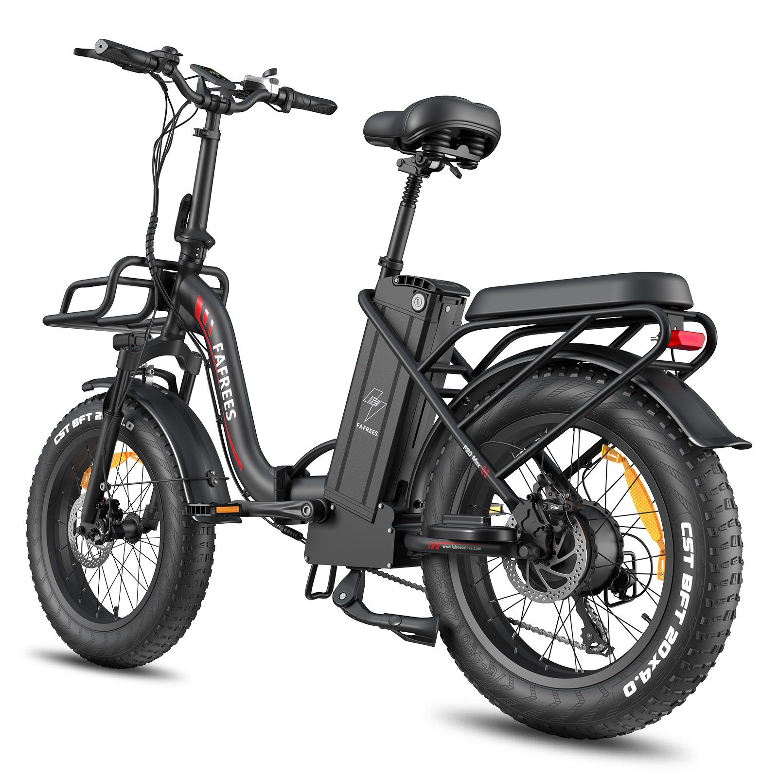 E-bike pieghevole nera con pneumatici larghi, portapacchi e cestino. Marchio FAFREES.