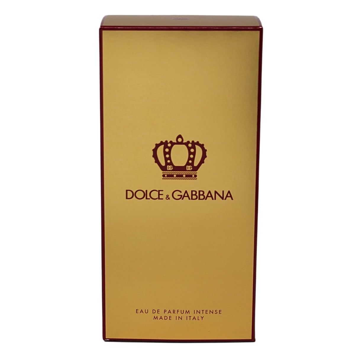 Confezione dorata con logo corona marrone e scritta DOLCE & GABBANA. Scritta: Eau de Parfum Intense, Made in Italy.