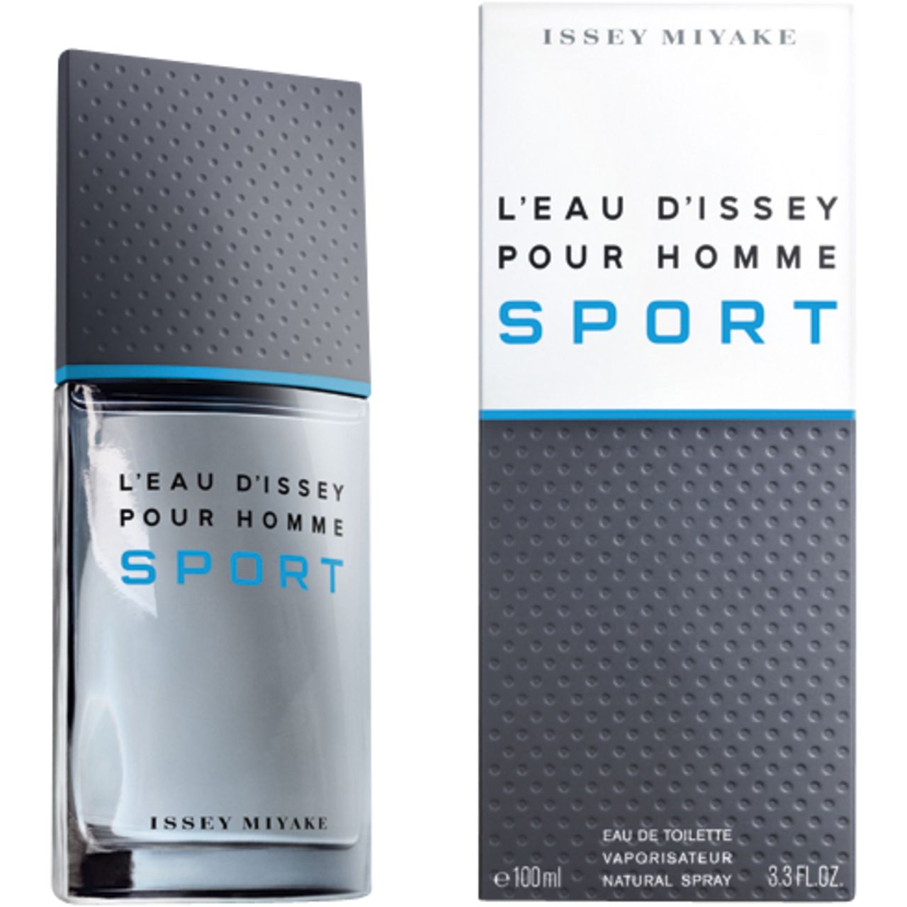 Flacone e confezione Issey Miyake L'Eau d'Issey pour Homme Sport. Confezione grigia con scritta SPORT.