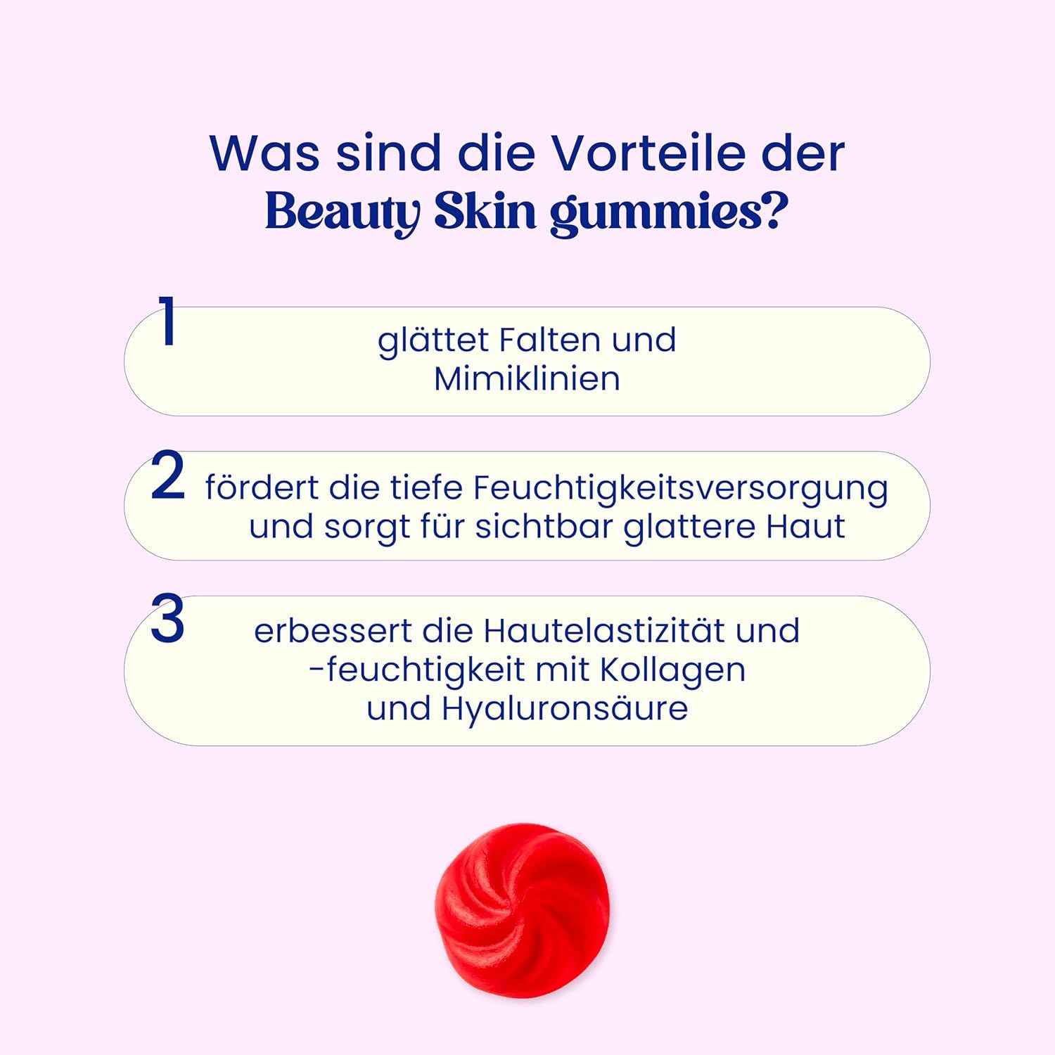 Infografica: Vantaggi delle "Beauty Skin Gummies". 3 punti: leviga le rughe, idratazione, elasticità.