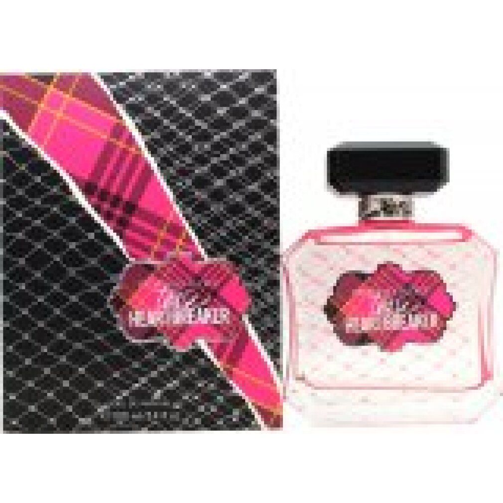 Flacone di profumo e scatola. Flacone rosa, tappo nero ed etichetta. Scatola con logo e motivo.