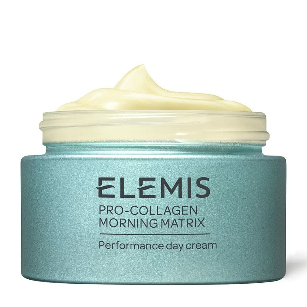 Vaso aperto Elemis Pro-Collagen Morning Matrix. Vaso blu chiaro, coperchio argentato, consistenza cremosa.