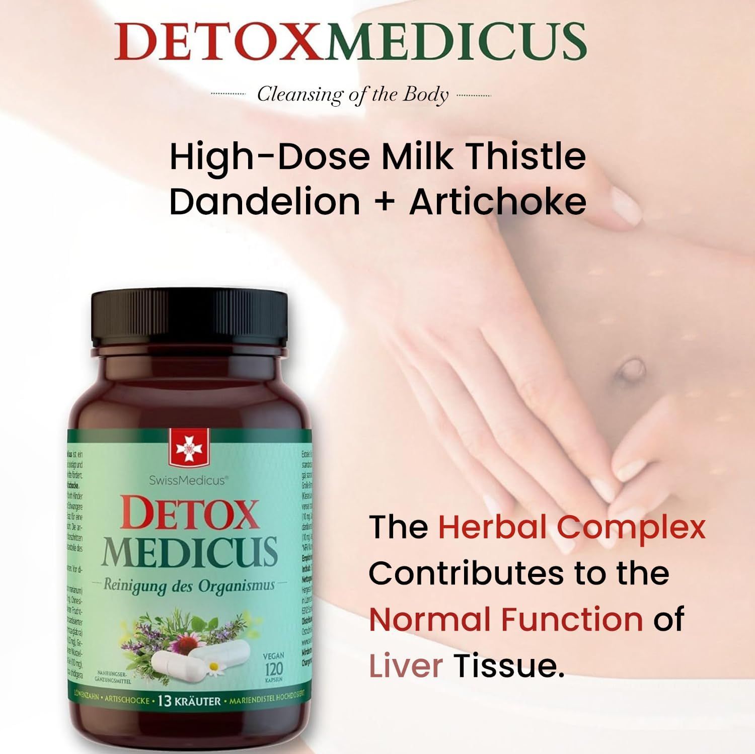 Flacone marrone con capsule. Scritta: Detox Medicus, 120 capsule, vegan. Testo sulla combinazione di erbe per il fegato.