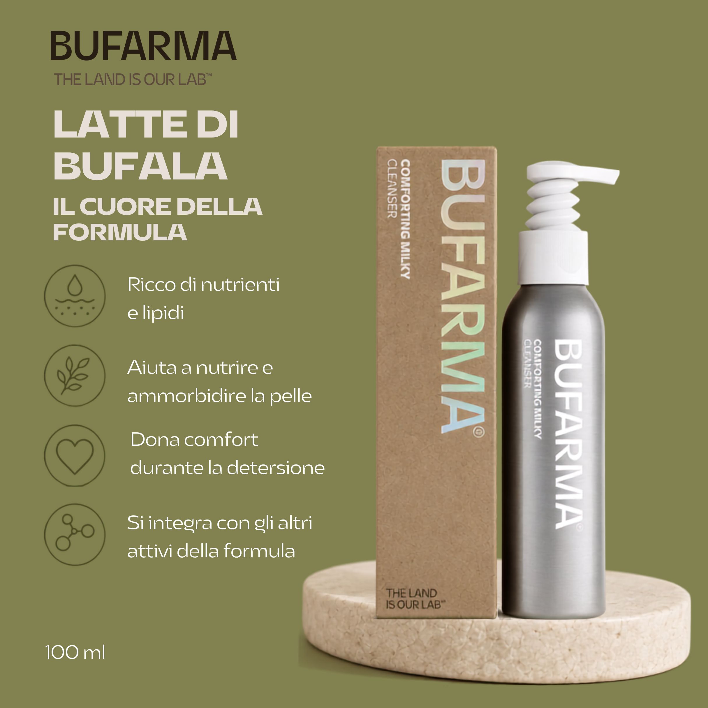 Bufarma latte detergente con latte di bufala come ingrediente principale.