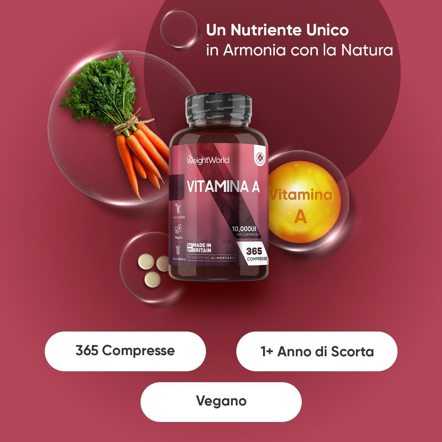 Flacone di compresse di vitamina A con carote e testo. Testo: 365 compresse, 1+ anno di scorta, Vegano.
