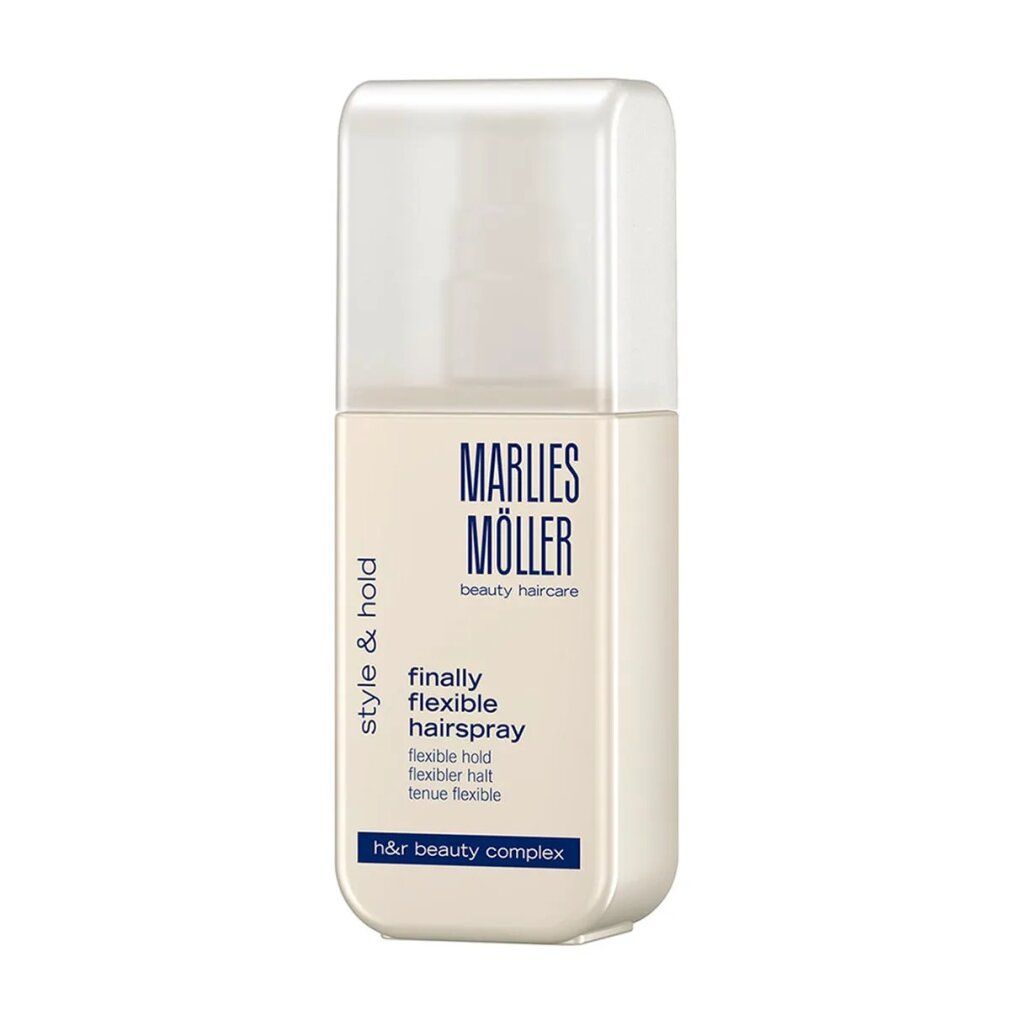 Spray per capelli Marlies Möller Style & Hold. Flacone beige con tappo bianco. Nome del prodotto e informazioni.
