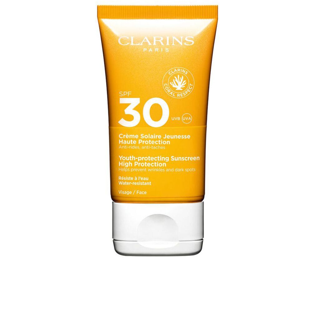 Tubo giallo con tappo bianco. Scritta: Clarins, SPF 30, Crème Solaire Jeunesse, Haute Protection. Logo Coral Respect.