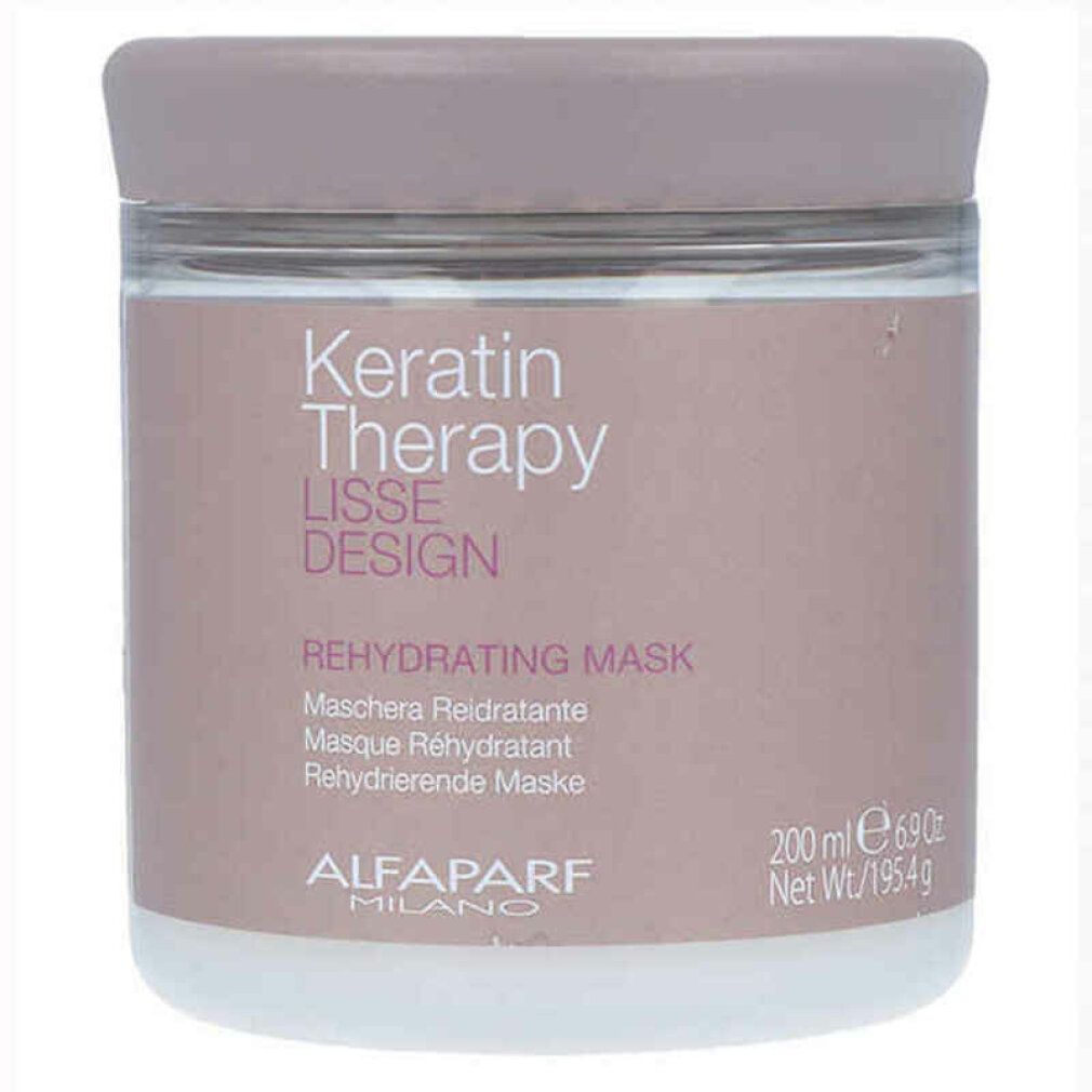 Barattolo rotondo con coperchio. Scritta: Keratin Therapy LISSE DESIGN REHYDRATING MASK. Marchio: Alfaparf Milano. Contenuto: 200 ml.