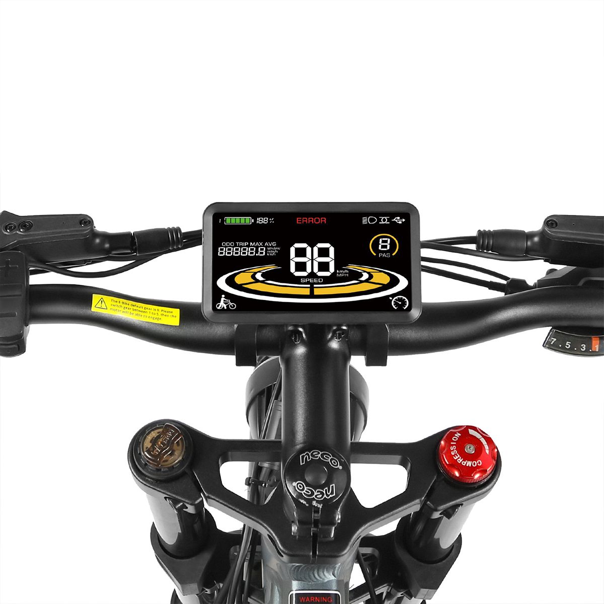 Computer di bordo con display. Mostra velocità, batteria, errori. Telaio nero.