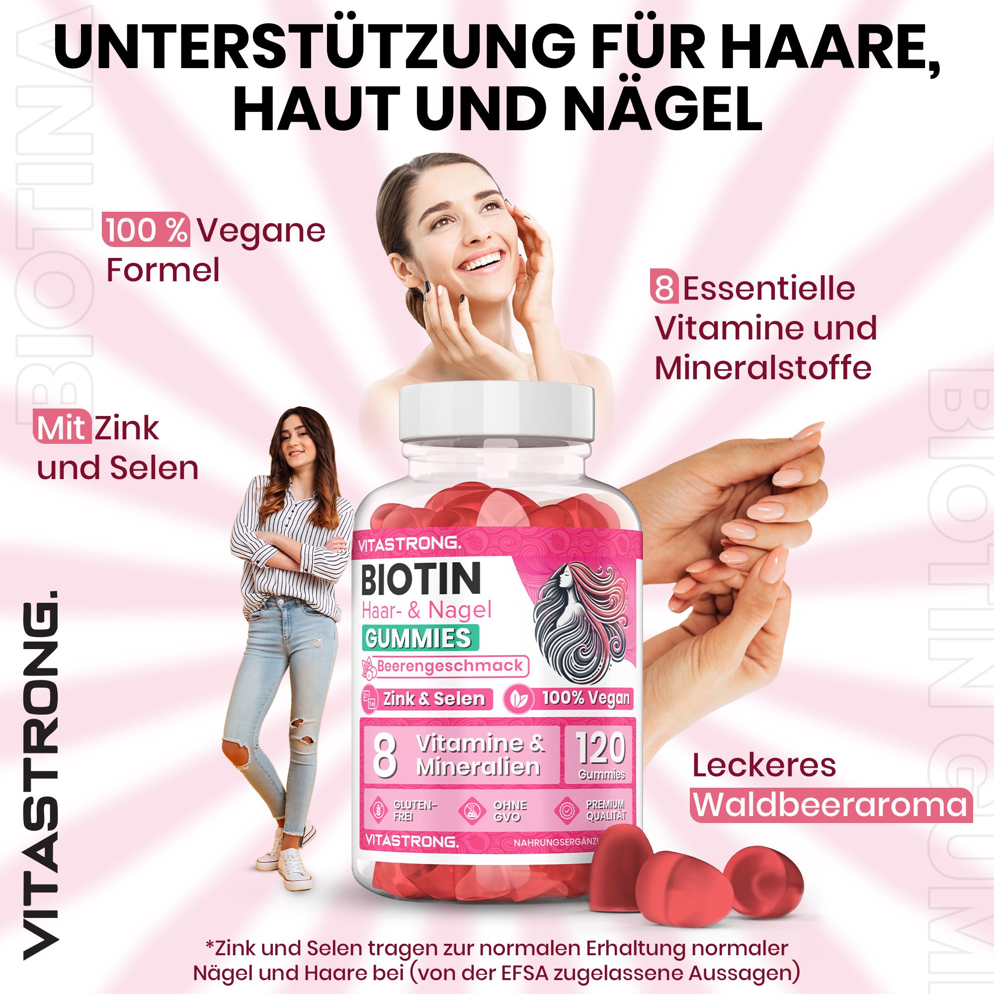 Flacone di Biotin GUMMIES. Scritta: Biotin Hair & Nagel GUMMIES. 120 caramelle gommose. 100% Vegan. Zinco e selenio. 8 vitamine.