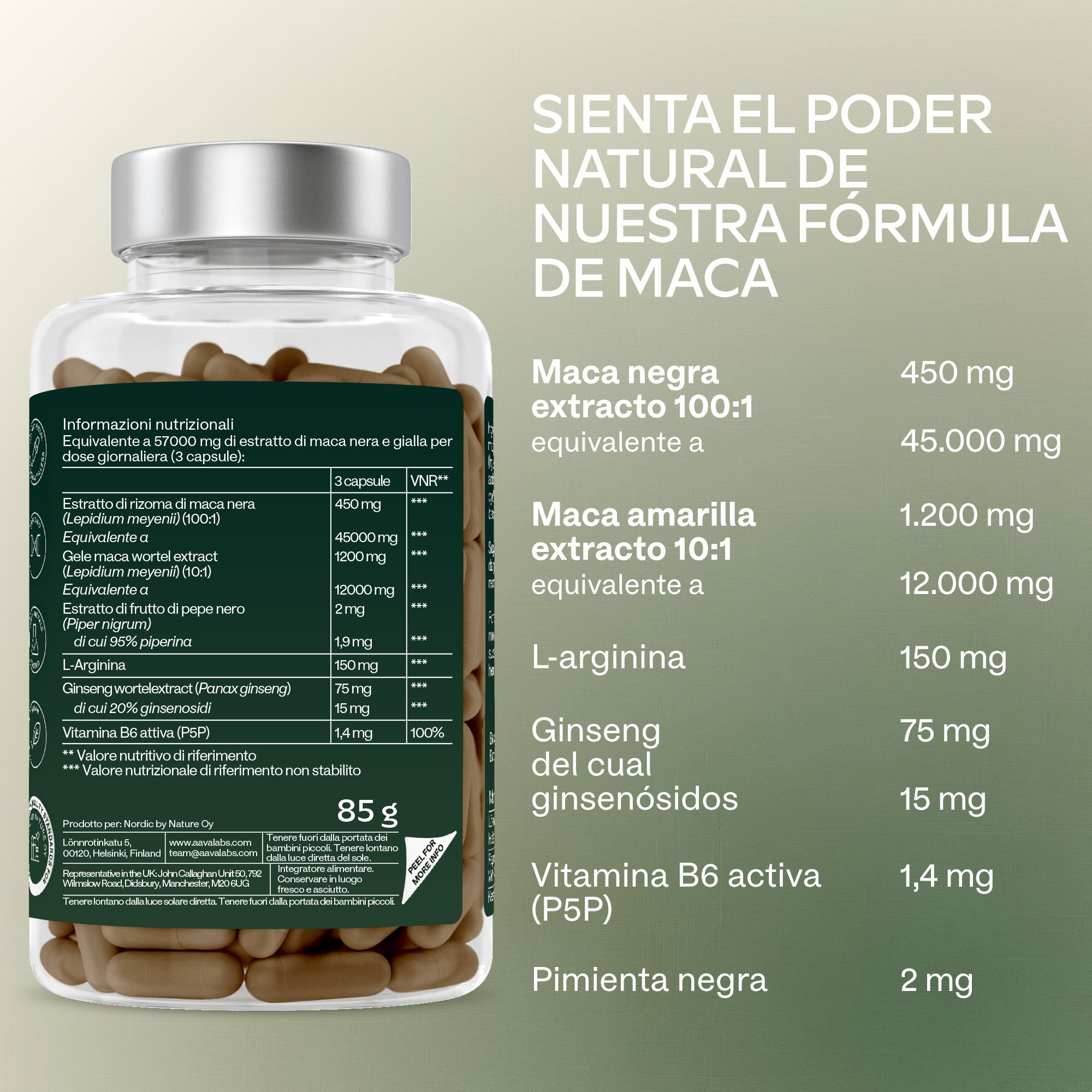 Flacone di capsule di Maca, testo italiano su alta potenza e assorbimento.