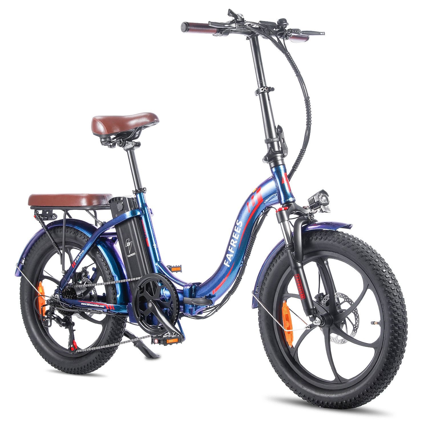 E-bike Fafrees F20 Pro blu, sella marrone, portapacchi. Pneumatici e cerchi neri. Batteria sul telaio.