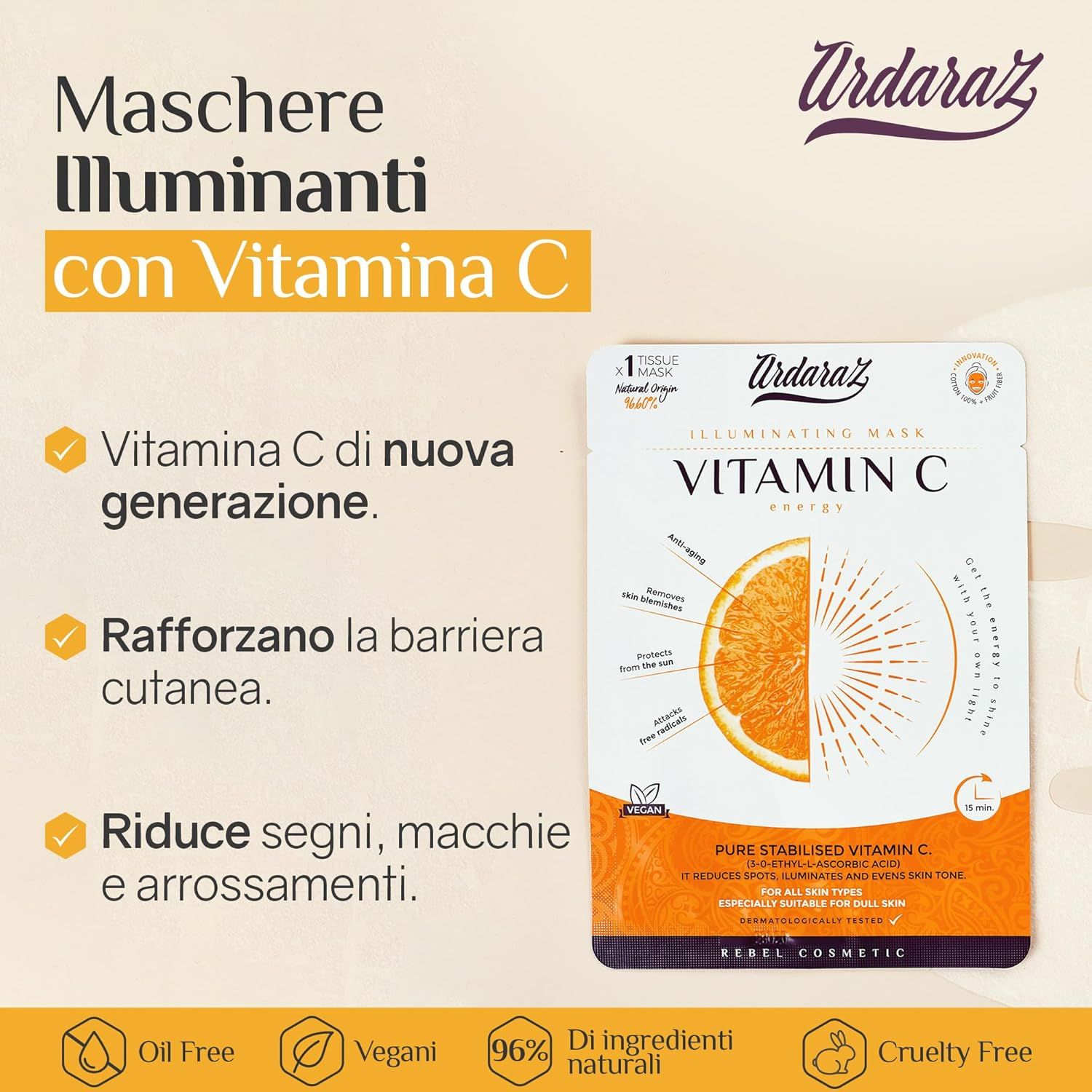 Maschera per il viso con vitamina C. Testo: Vitamina C di nuova generazione, rafforza la barriera cutanea, riduce i segni. Logo Ardaraz.