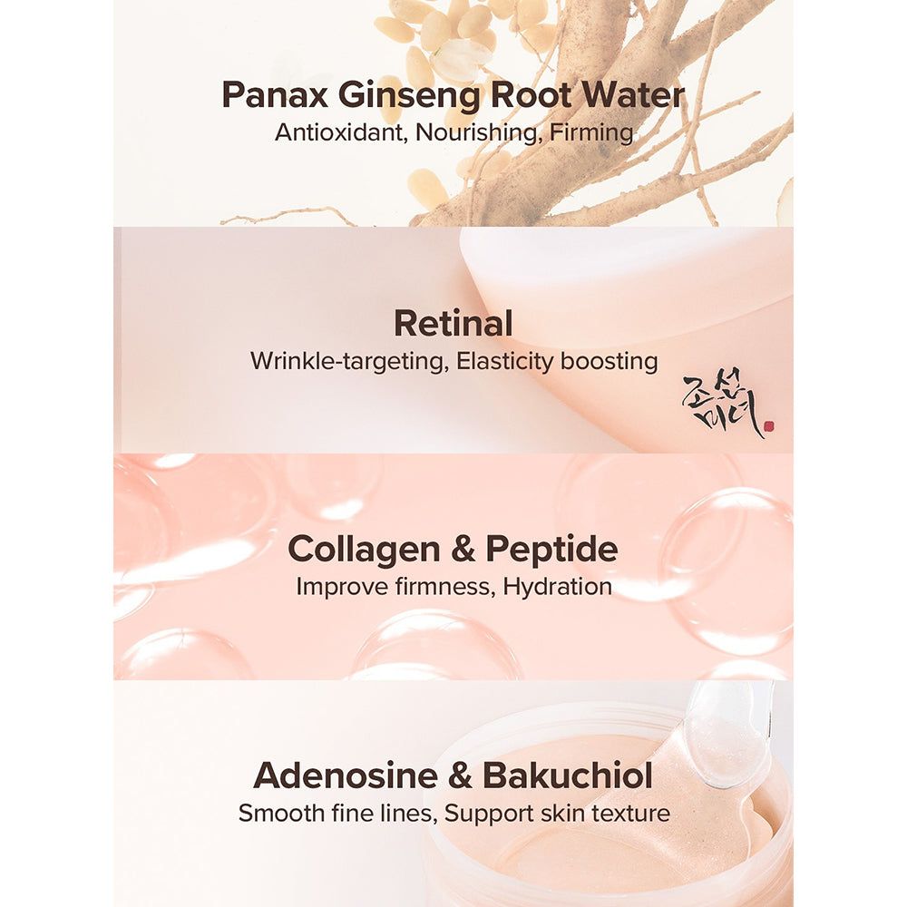 Testo: Panax Ginseng Root Water, Retinal, Collagen & Peptide, Adenosine & Bakuchiol. Dettagli del prodotto.