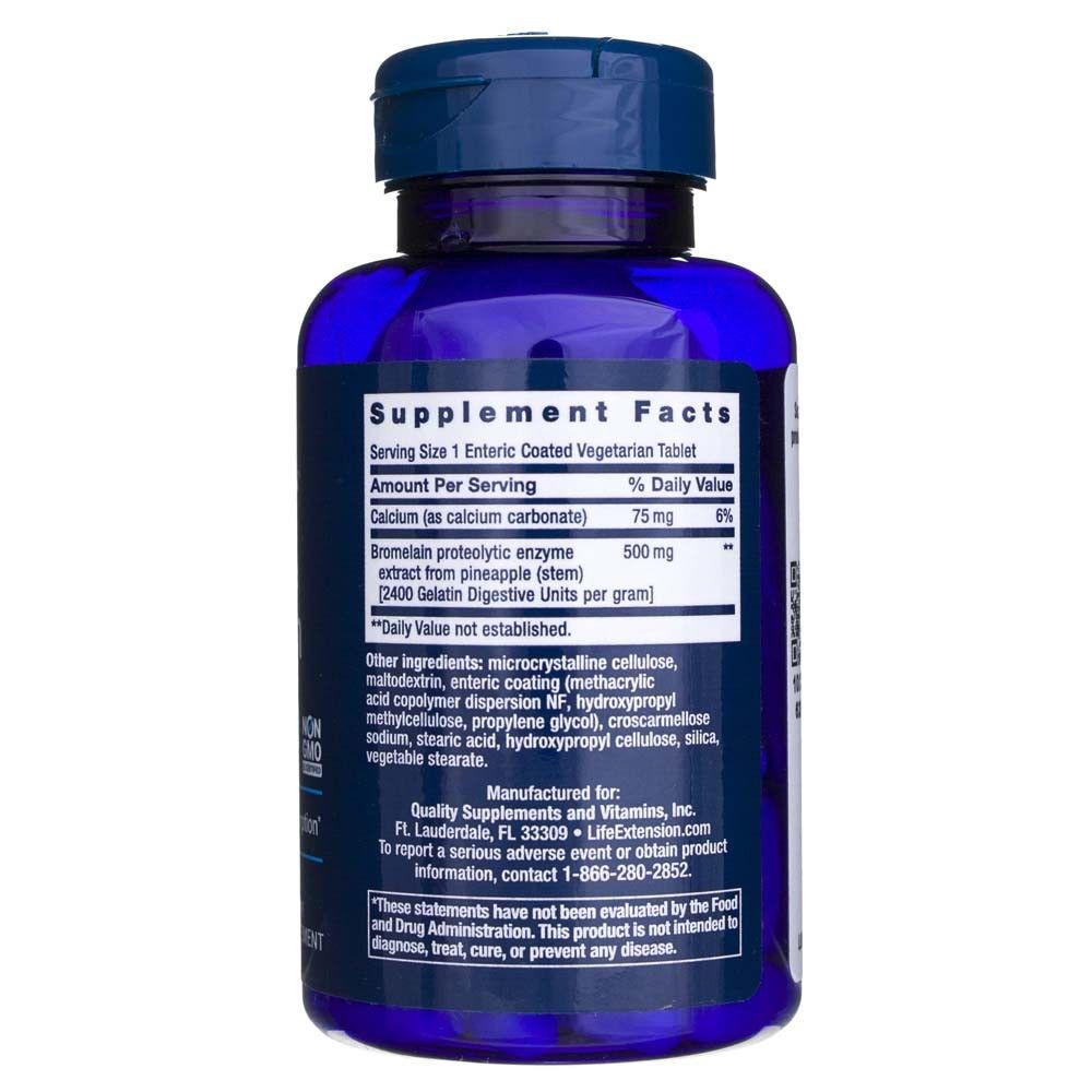 Retro di un flacone blu con informazioni nutrizionali e ingredienti del supplemento Life Extension Bromelina.