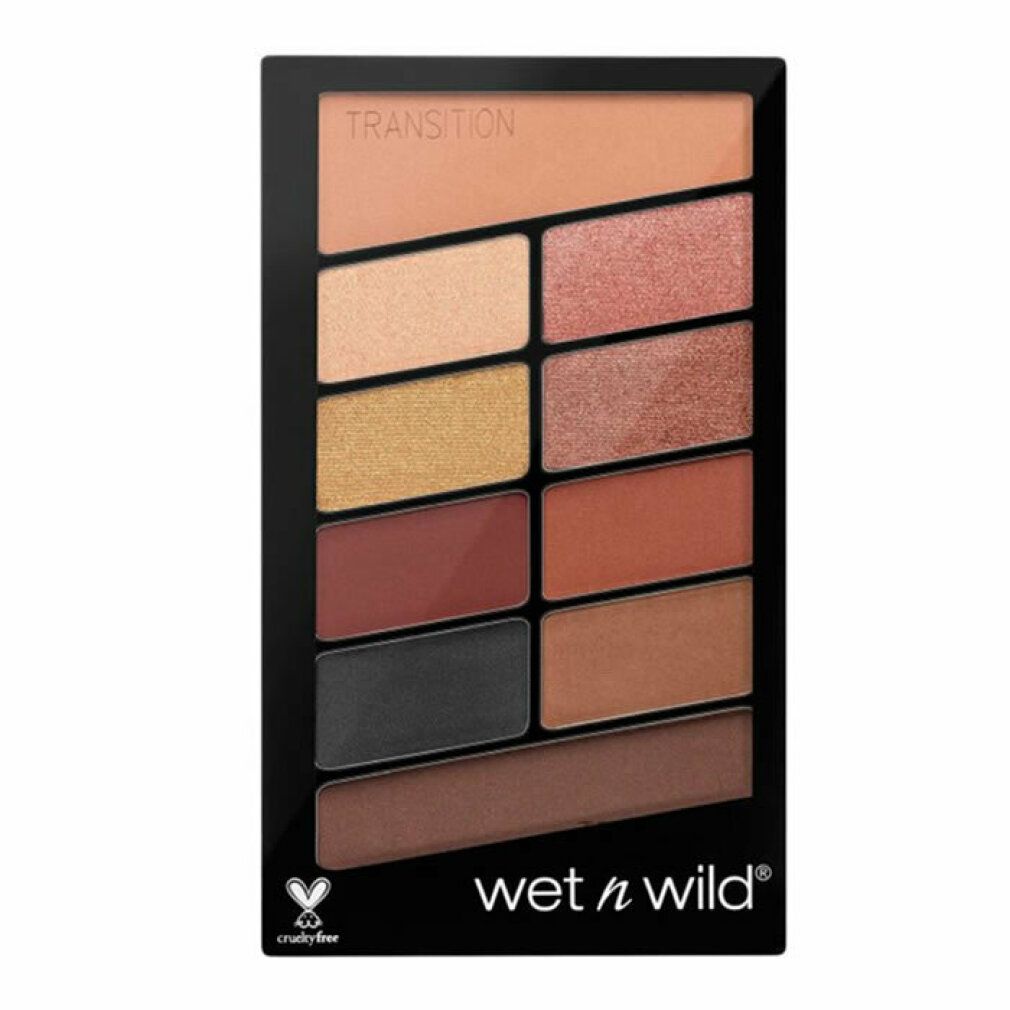 Palette ombretti con 10 tonalità. Confezione nera con logo "Wet n Wild". Contiene vari colori opachi e shimmer. Logo "Cruelty-free".