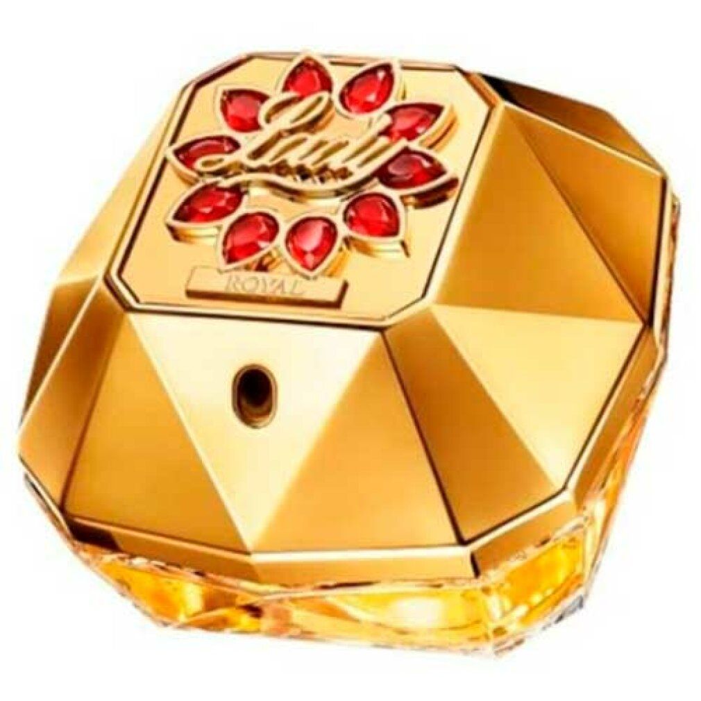 Flacone dorato a forma di diamante con coperchio rosso. "Lady" sul coperchio.