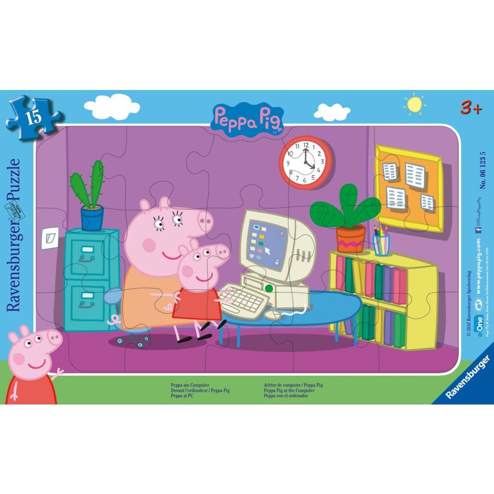 Puzzle da 15 pezzi. Tema: Peppa Pig al computer. Puzzle Ravensburger. Confezione con illustrazione di Peppa Pig.