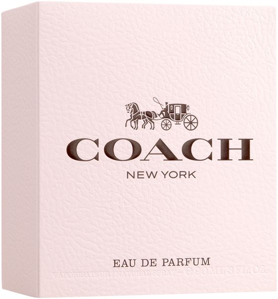 Confezione rosa con logo Coach e carrozza. Scritta: COACH NEW YORK, Eau de Parfum.