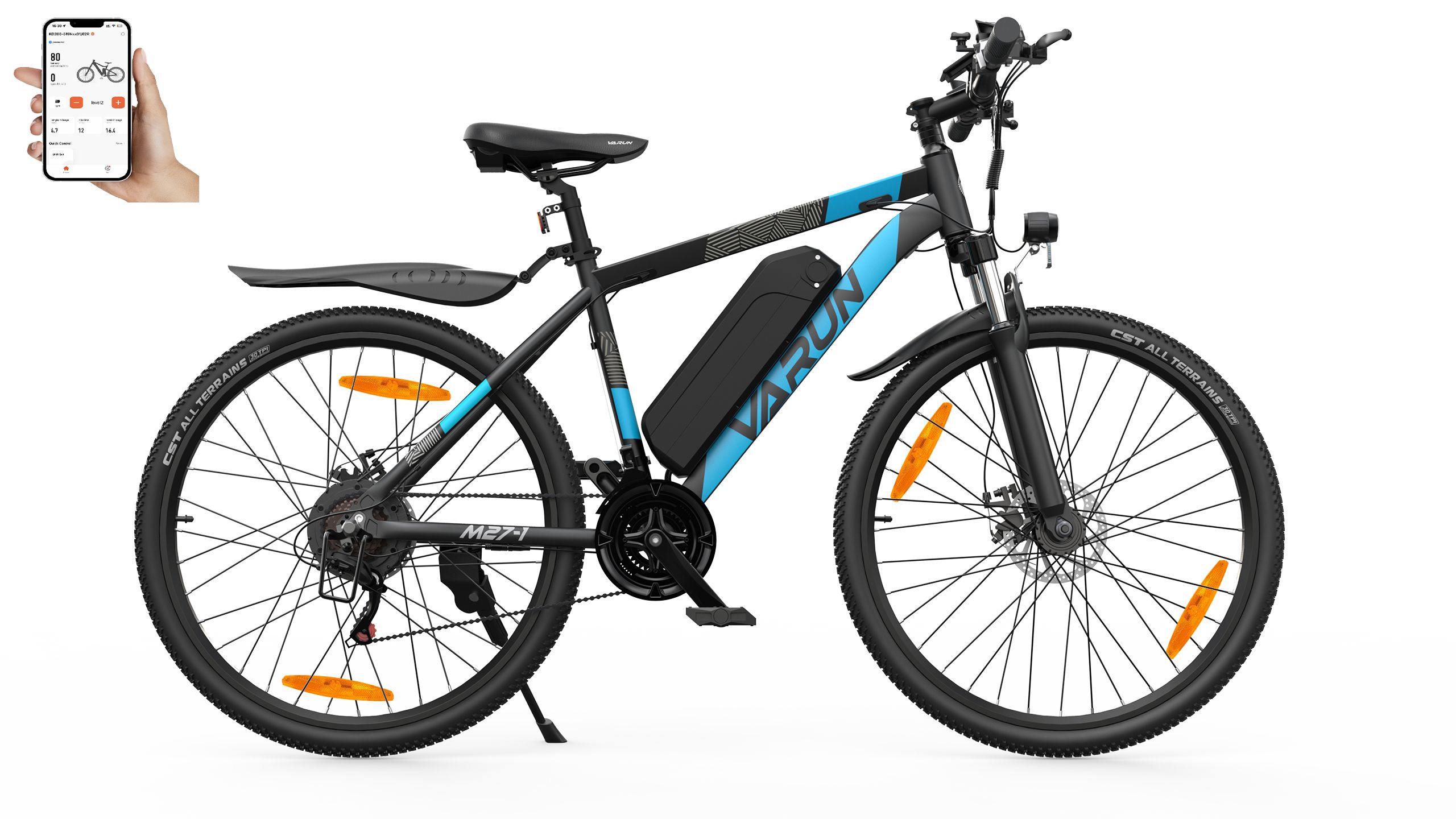E-bike nera con dettagli blu. Logo VARUN sul telaio. Controllo tramite app per smartphone.