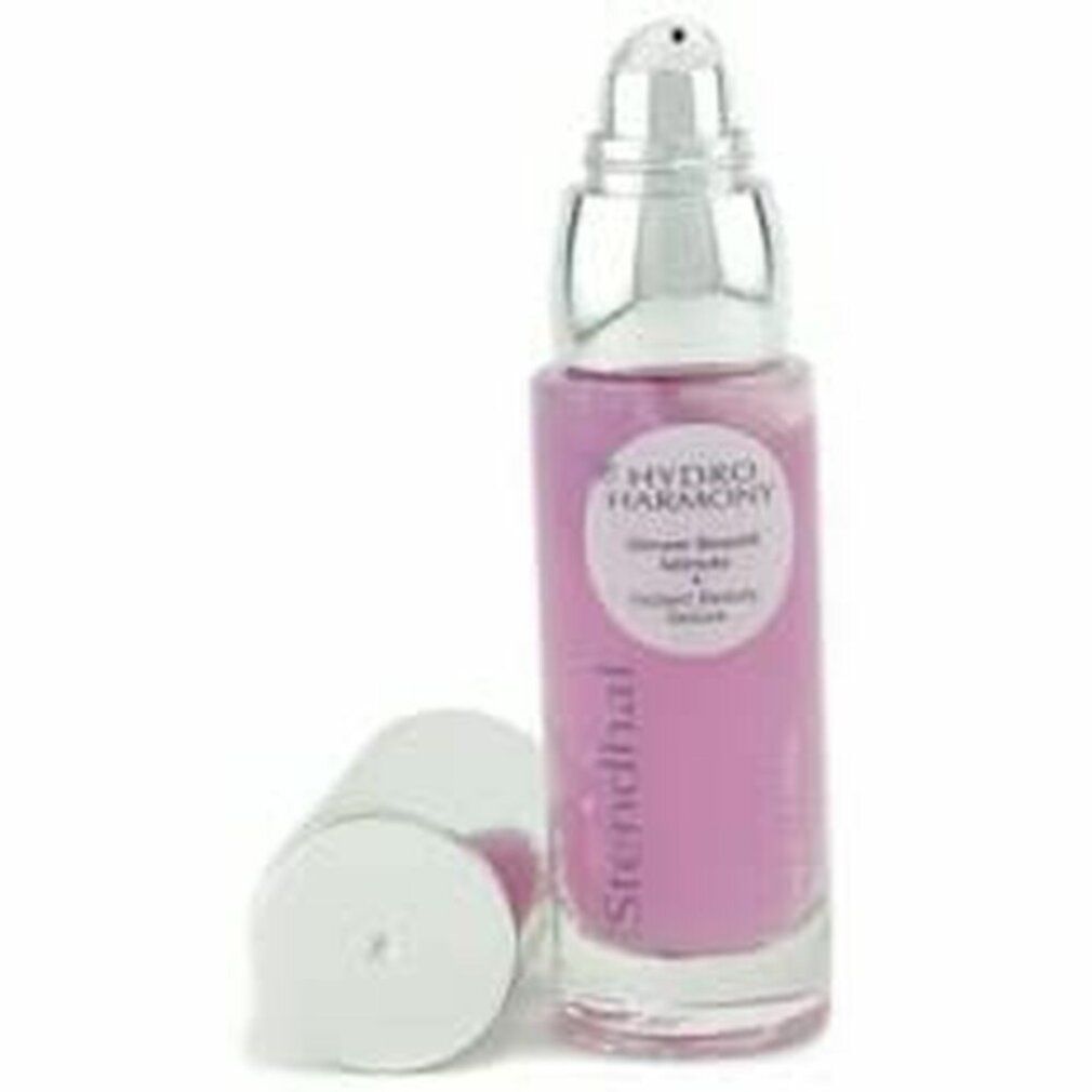 Flacone rosa con erogatore argentato e tappo bianco. Scritta: Hydro Harmony, Ultimate Smooth, Instant Beauty Serum. Tappo accanto.