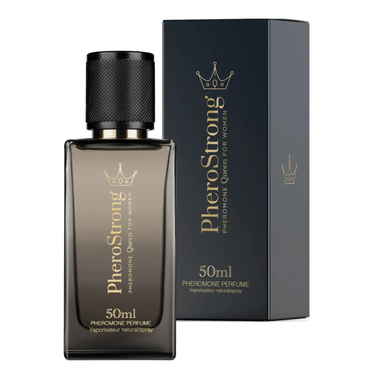 Flacone e scatola PheroStrong. Scritta PheroStrong, Pheromone Queen for Women, 50ml. Sfondo nero.