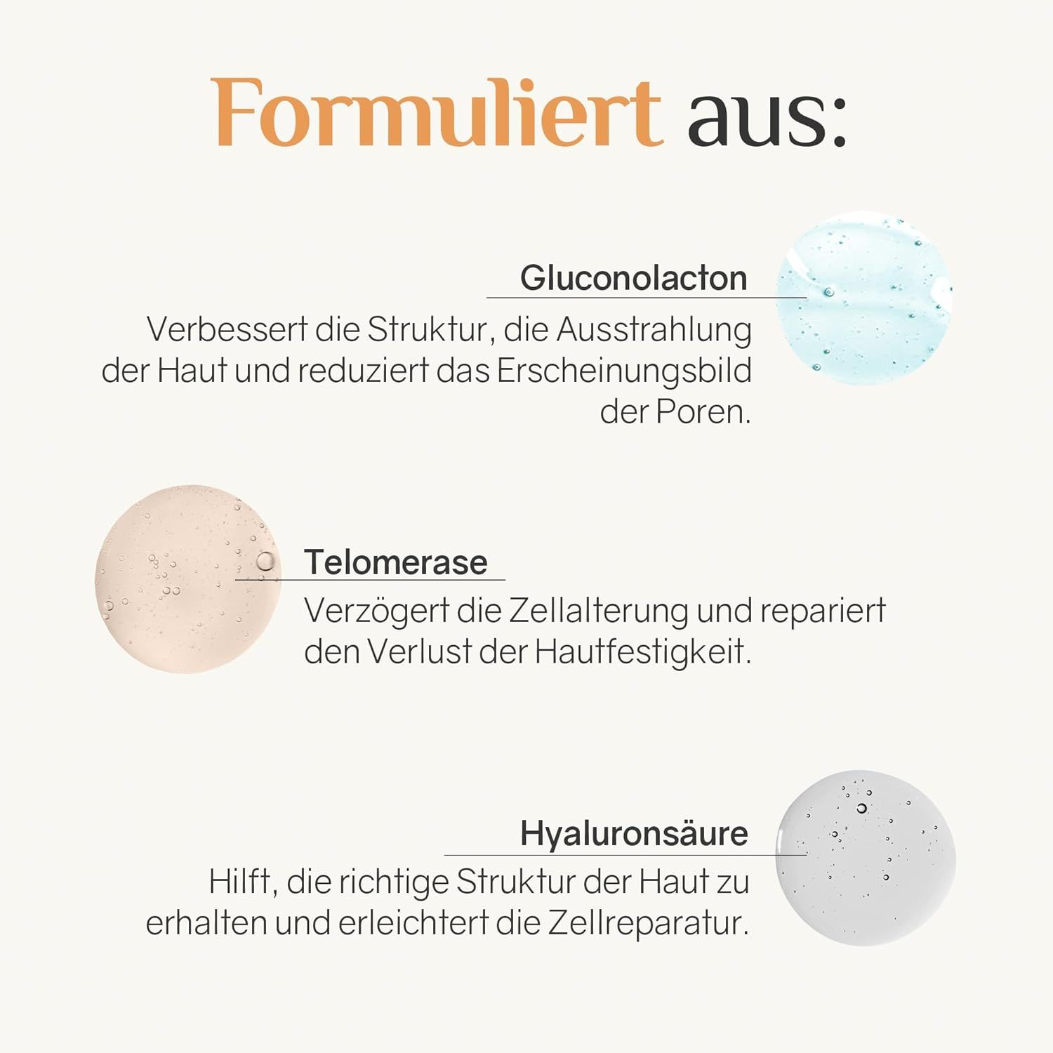 Grafico con ingredienti: Gluconolattone, Telomerasi, Acido ialuronico. Descrizioni degli effetti sulla pelle.