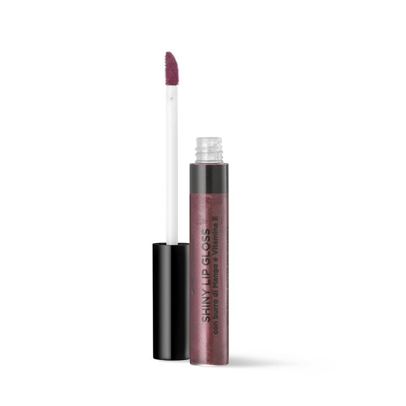 Lucidalabbra lucido con applicatore. Flacone con testo. Tappo nero. Colore rosa-marrone.