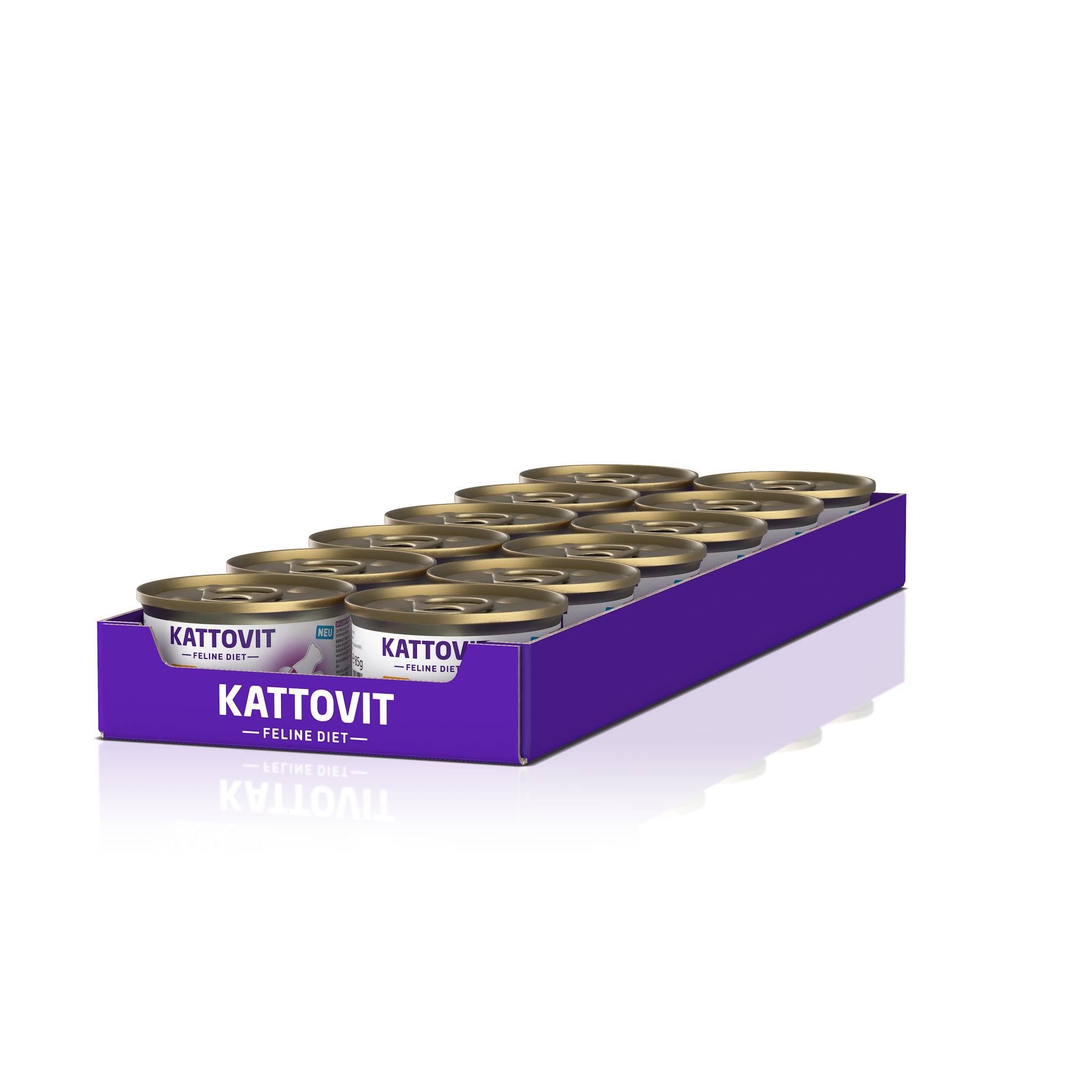 Lattine Kattovit Sensitive Huhn in scatola viola. Diverse lattine con coperchi dorati. Nome del prodotto visibile sulla scatola.
