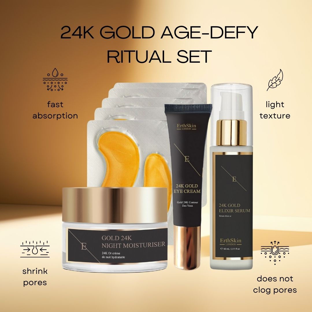 ErthSkin London Ritual Set. Contiene crema notte, crema occhi, siero e patch. Confezioni nere con dettagli dorati. Testo: 24K Gold Age-Defy.