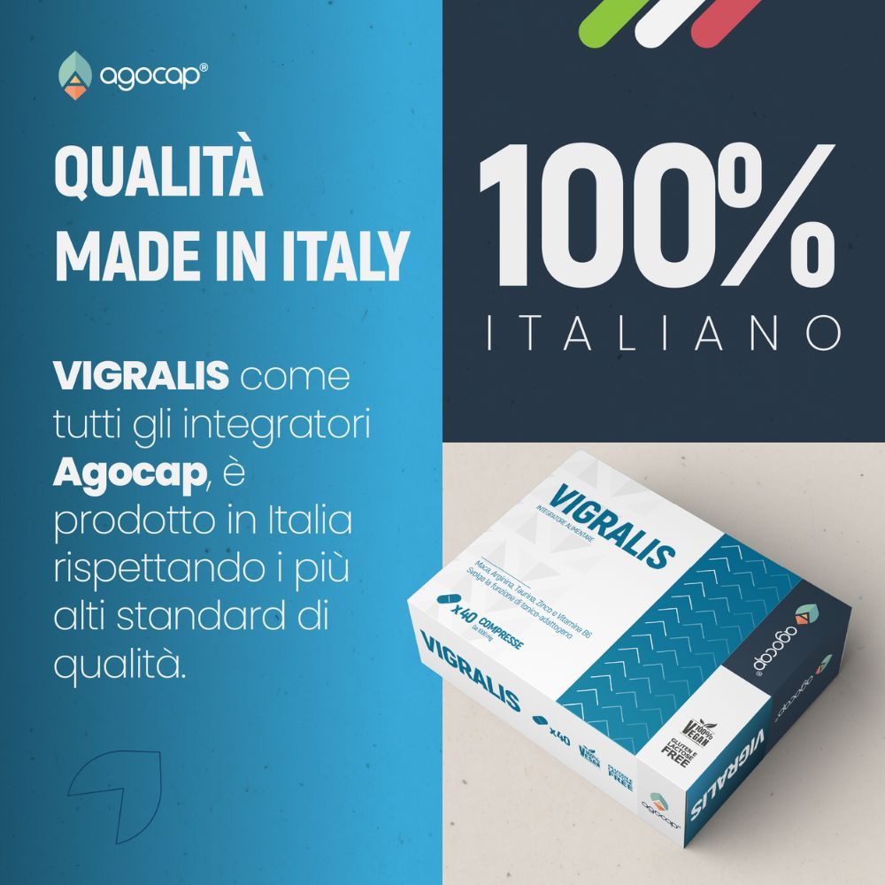 Confezione Vigralis e testo: Qualità Made in Italy. 100% italiano. Prodotto in Italia con i più alti standard.