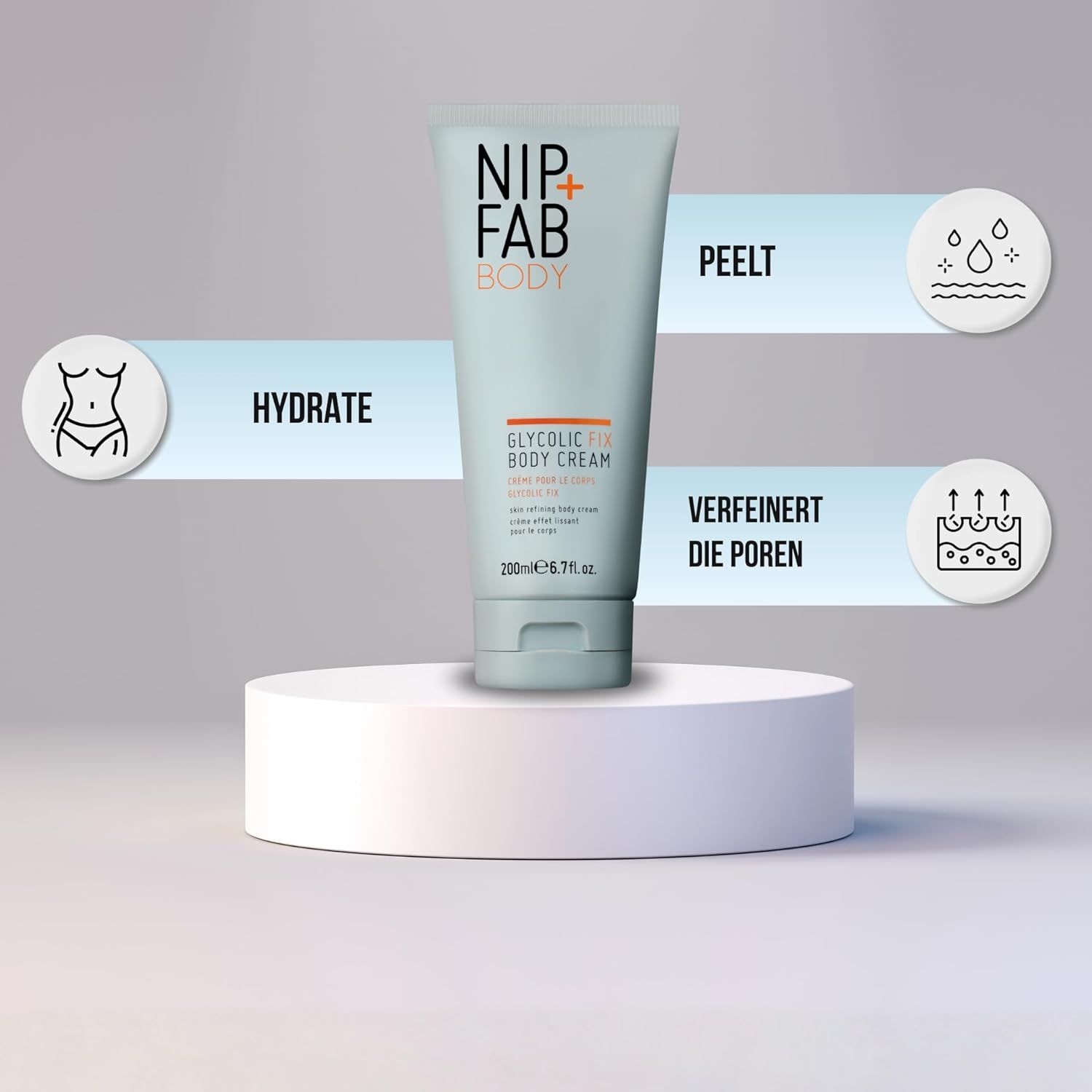 Tubo su piedistallo. Icone: Idrata, Peeling, Perfeziona i pori. Scritta: NIP+FAB BODY, GLYCOLIC FIX BODY CREAM.