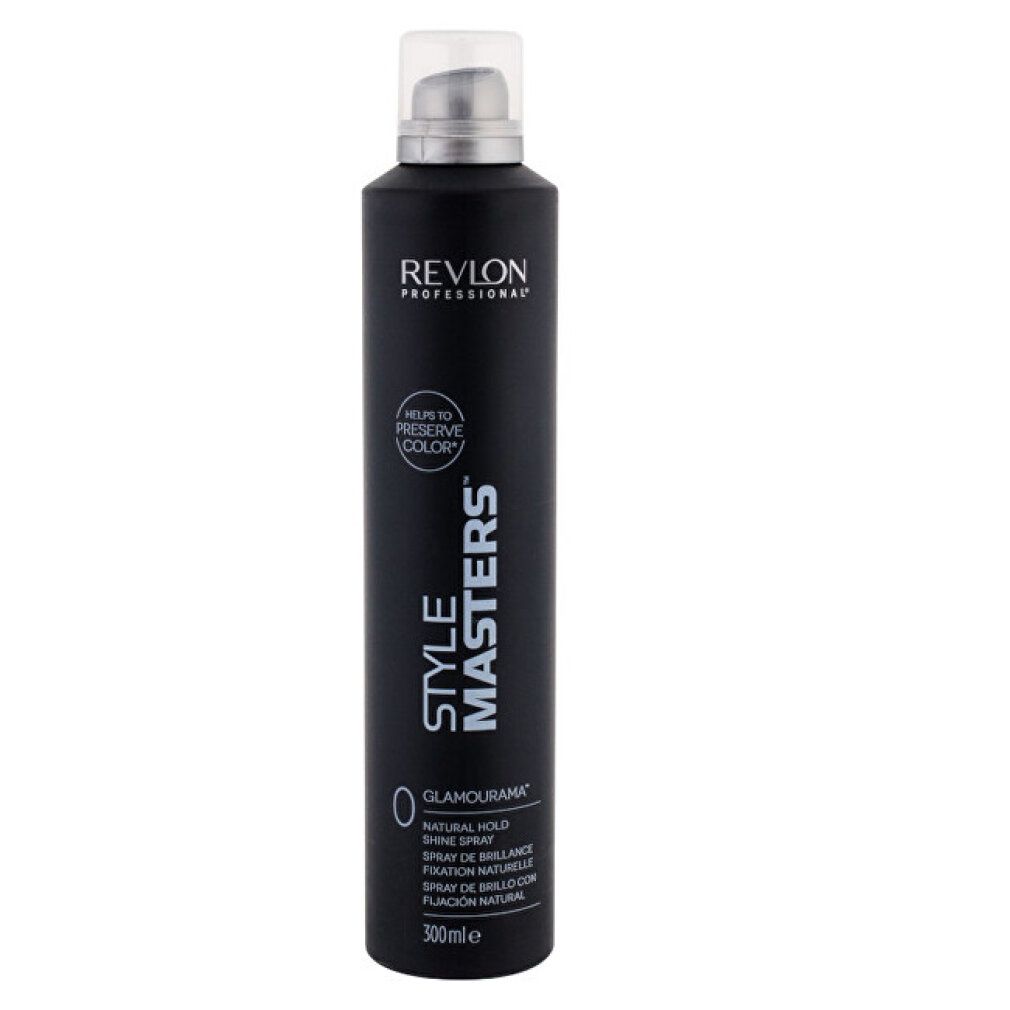 Flacone spray nero con erogatore argentato. Scritta: Revlon Professional, Style Masters, Glamourama, Natural Hold Shine Spray.