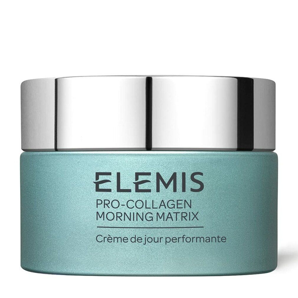 Vaso Elemis Pro-Collagen Morning Matrix. Vaso blu chiaro, coperchio argentato, nome del prodotto e testo.