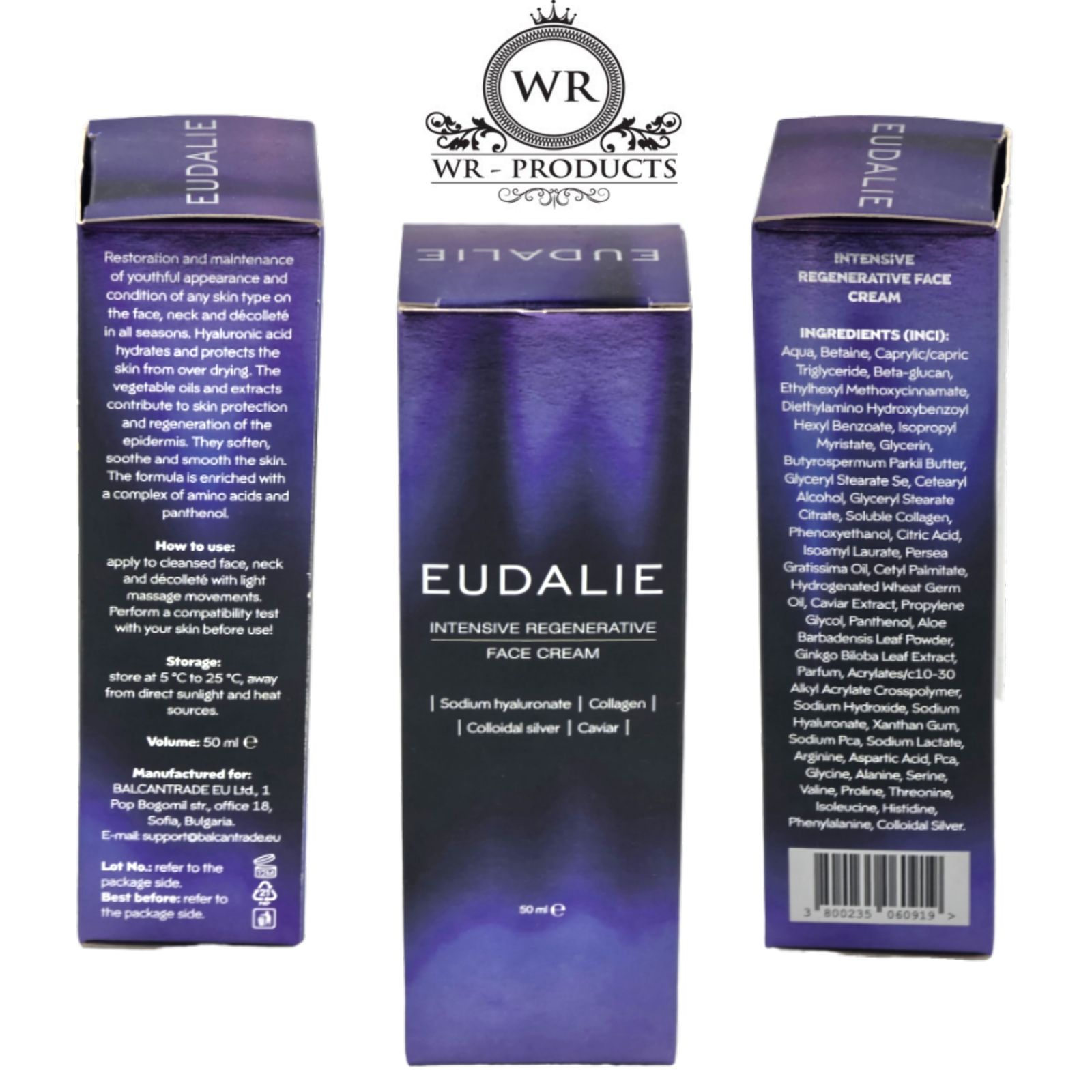 Scatola EUDALIE con informazioni sul prodotto. Scritto: Intensive Regenerative Face Cream. Ingredienti: Ialuronato, collagene, argento colloidale, caviale.