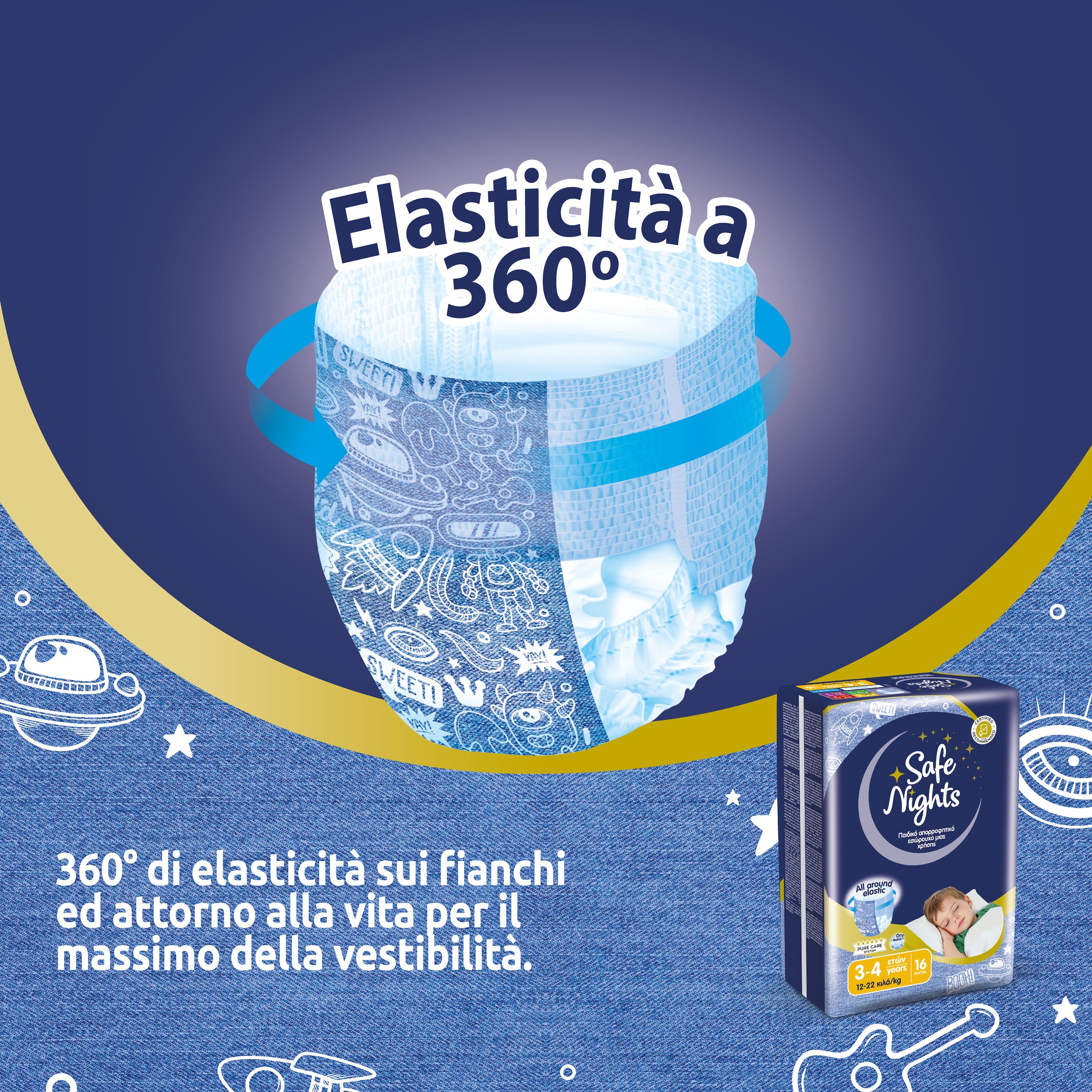Un pannolino blu con elasticità a 360° e motivi spaziali. Accanto, una confezione.