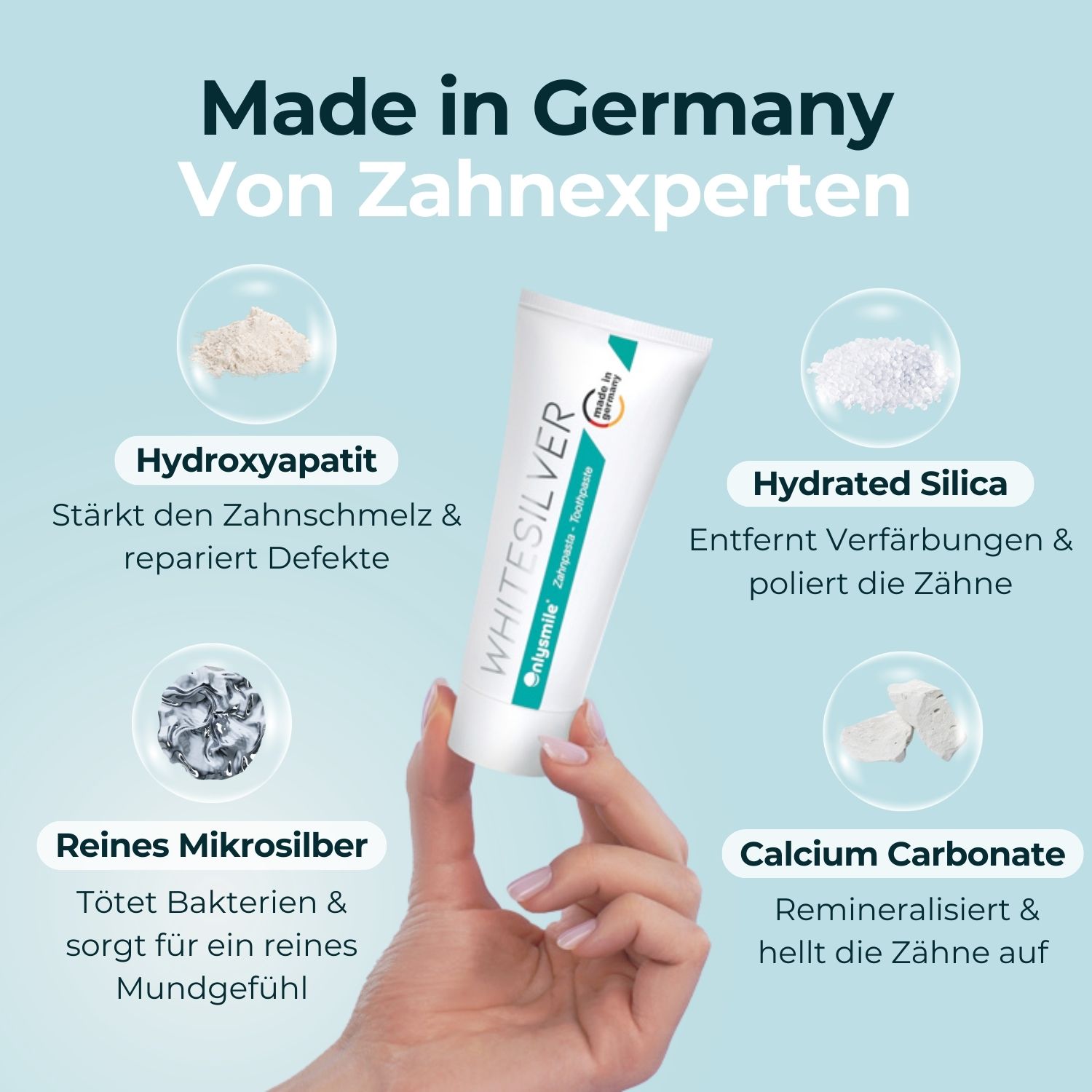 Mano che tiene un tubetto di dentifricio. Dentifricio WhiterSilver. Ingredienti: Idrossiapatite, Silice idratata, Microargento puro, Carbonato di calcio. Made in Germany.
