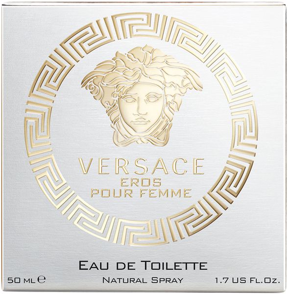 Versace Eros pour Femme Eau de Toilette. Scatola con logo e scritta. Dettagli dorati.