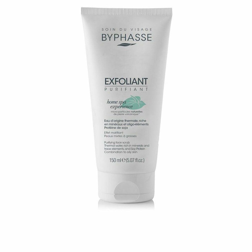 Tubo bianco con testo: BYPHASSE, EXFOLIANT PURIFIANT, home spa experience. Contiene minerali e oligoelementi. Per pelli grasse.