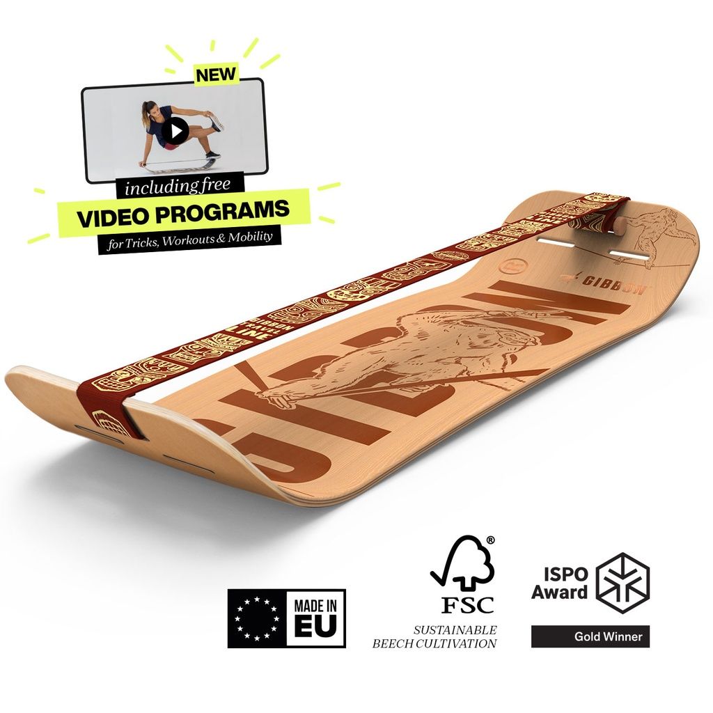 GIBOARD con nastro, grafica e icona video. Marchi: Made in EU, FSC, ISPO Award Gold Winner.