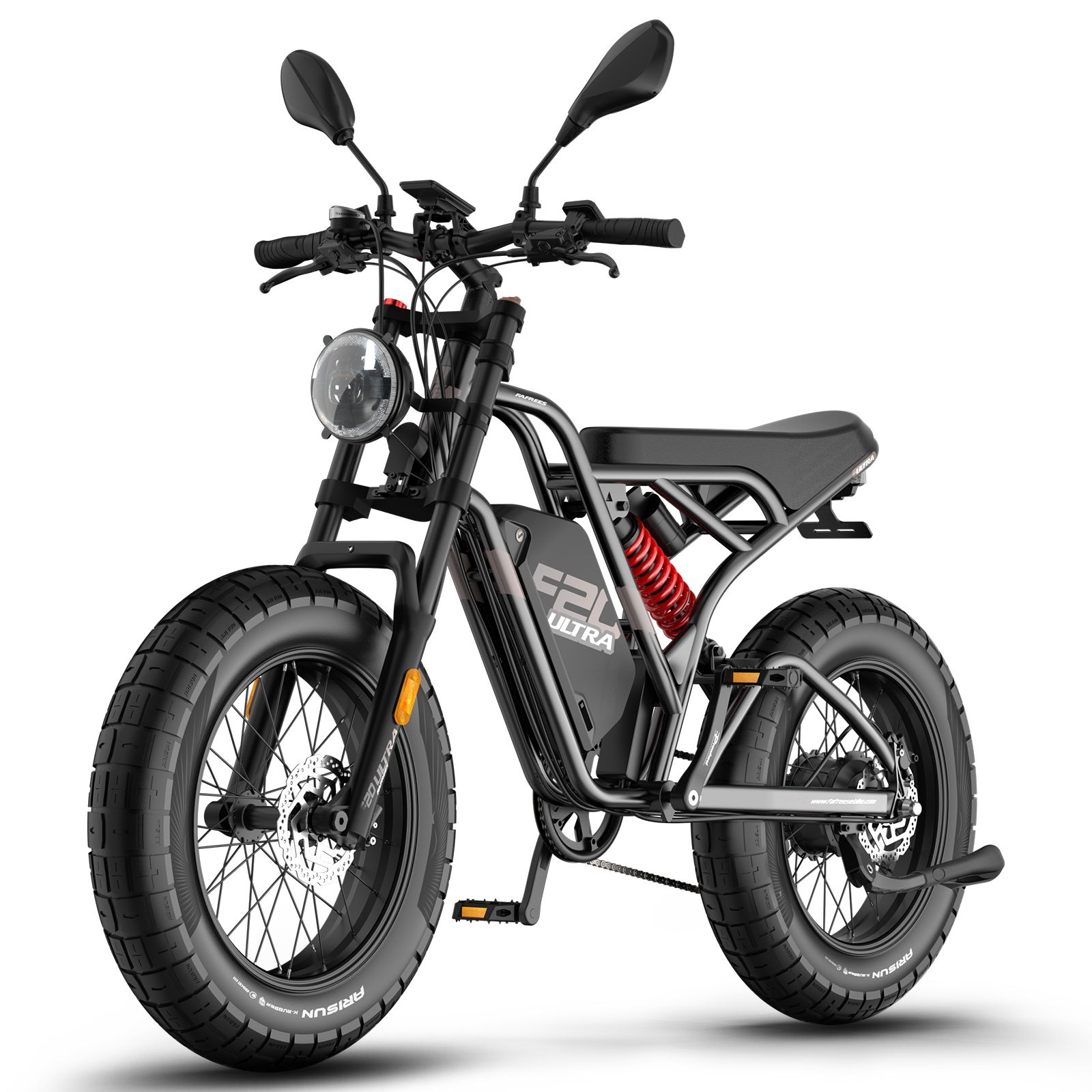E-bike nera con faro, specchietti e sospensioni rosse. Batteria con logo F20 ULTRA.