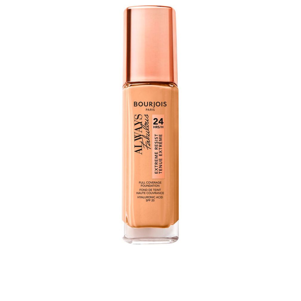 Fondotinta Bourjois Always Fabulous 24H Spf20. Flacone in vetro beige con tappo rosa. Testo sul flacone.