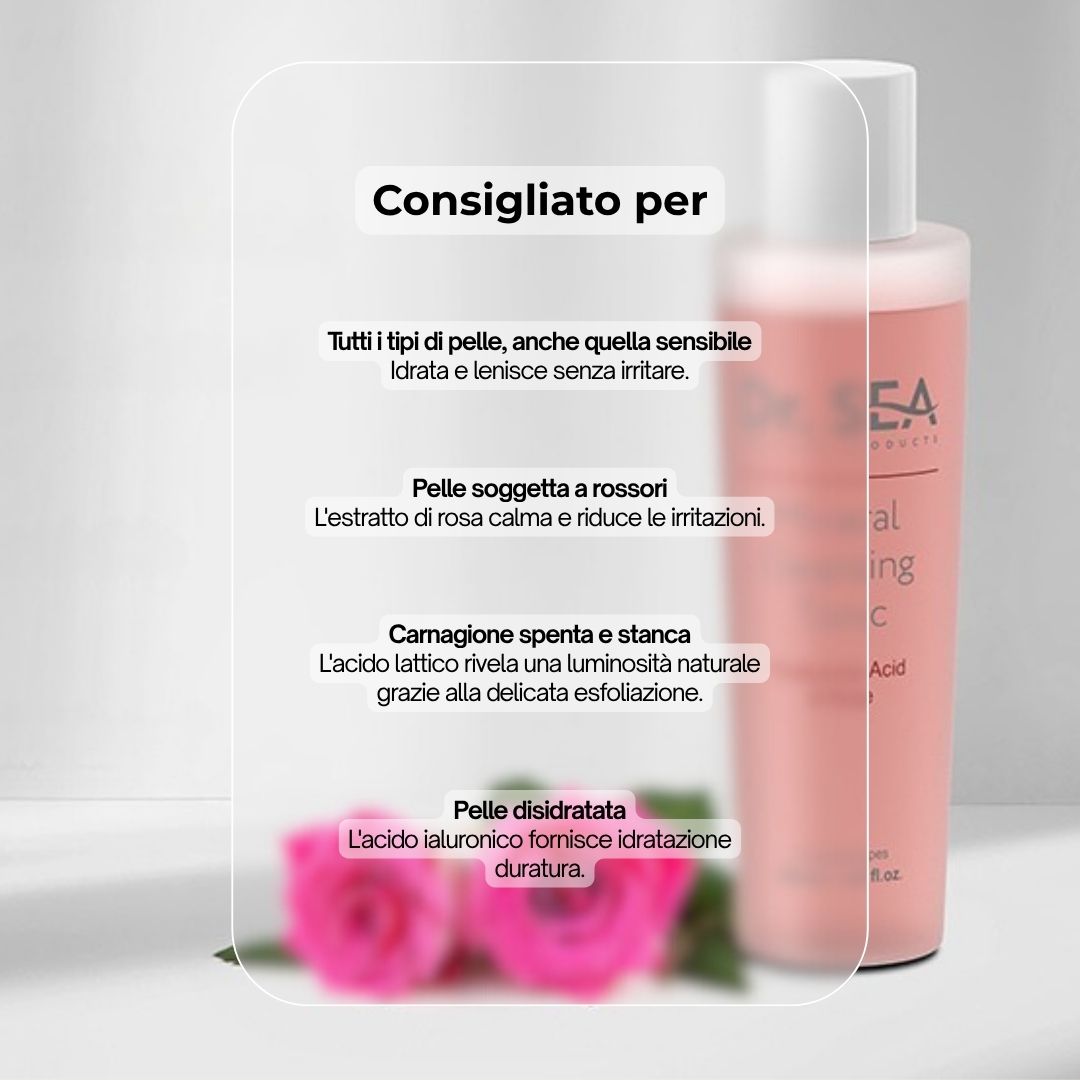 Flacone di tonico rosa con testo. Scritta: Dr. Sea, Mineral Cleansing Tonic, Acido Ialuronico & Rosa. 200 ml. Consigliato per...