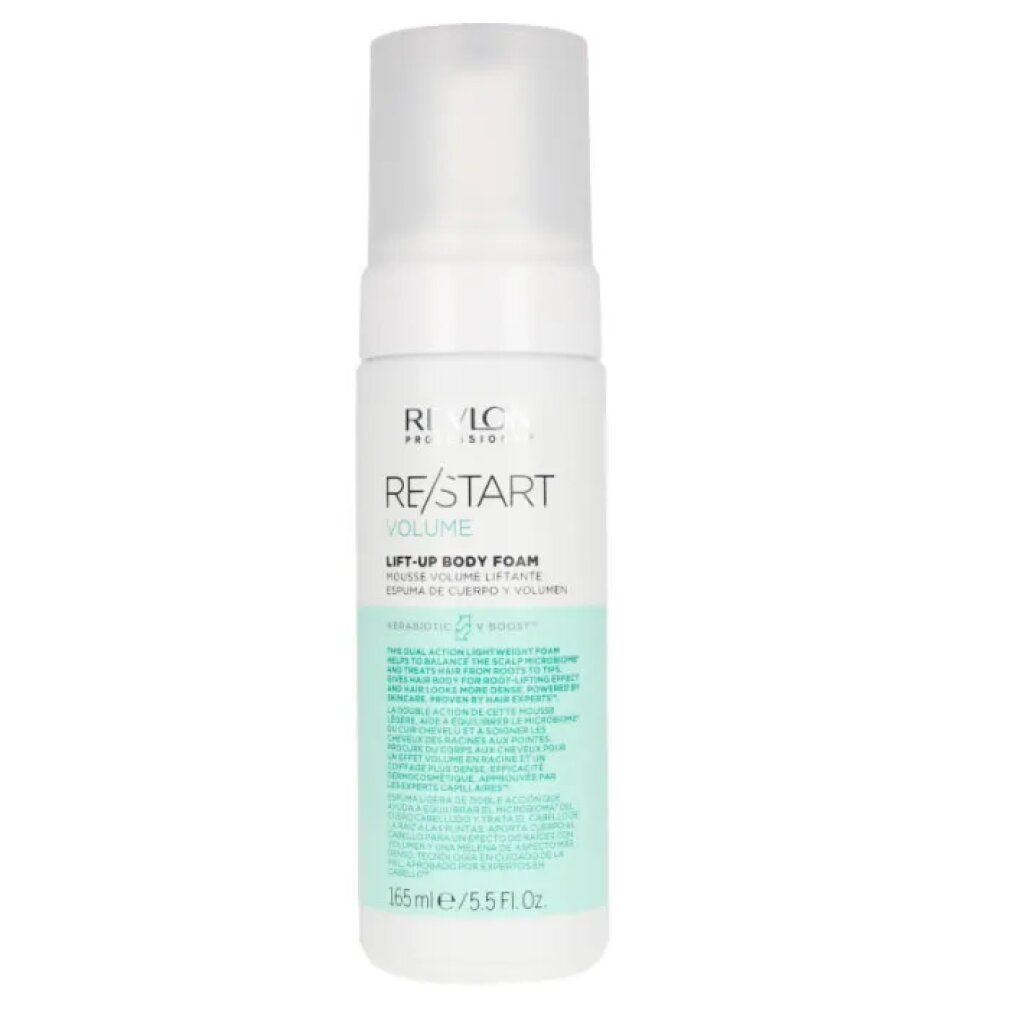 Prodotto bianco con erogatore spray. Scritta: RE/START VOLUME, LIFT-UP BODY FOAM. 165 ml/5.5 Fl.Oz.
